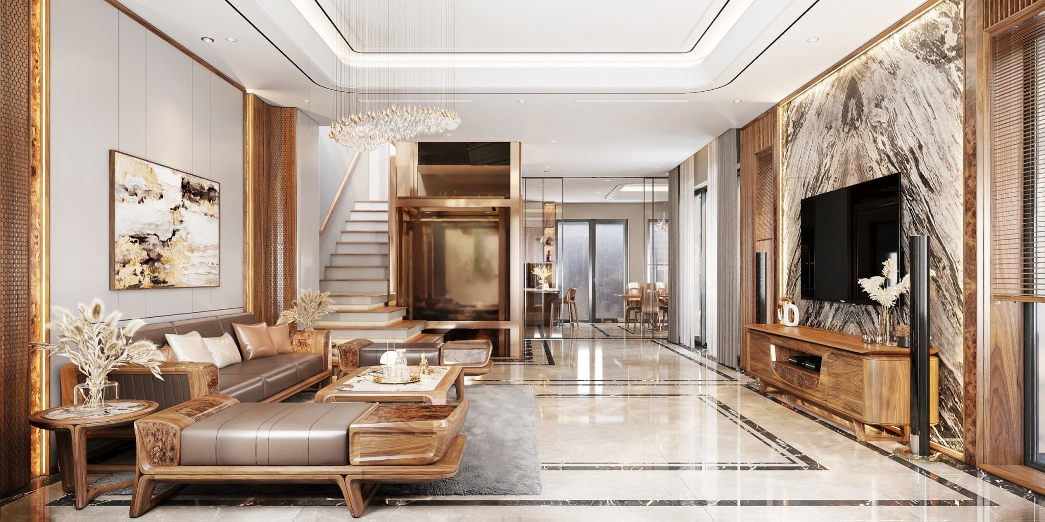 Nội thất phòng khách hiện đại với sofa gỗ, đá ốp tường và trần thạch cao