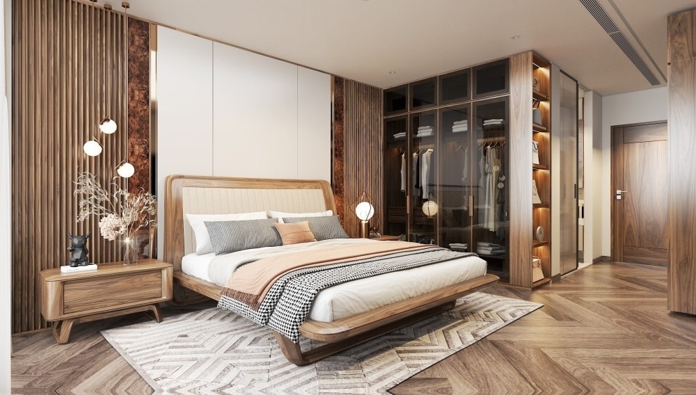 Nội thất phòng ngủ gỗ óc chó hiện đại sang trọng