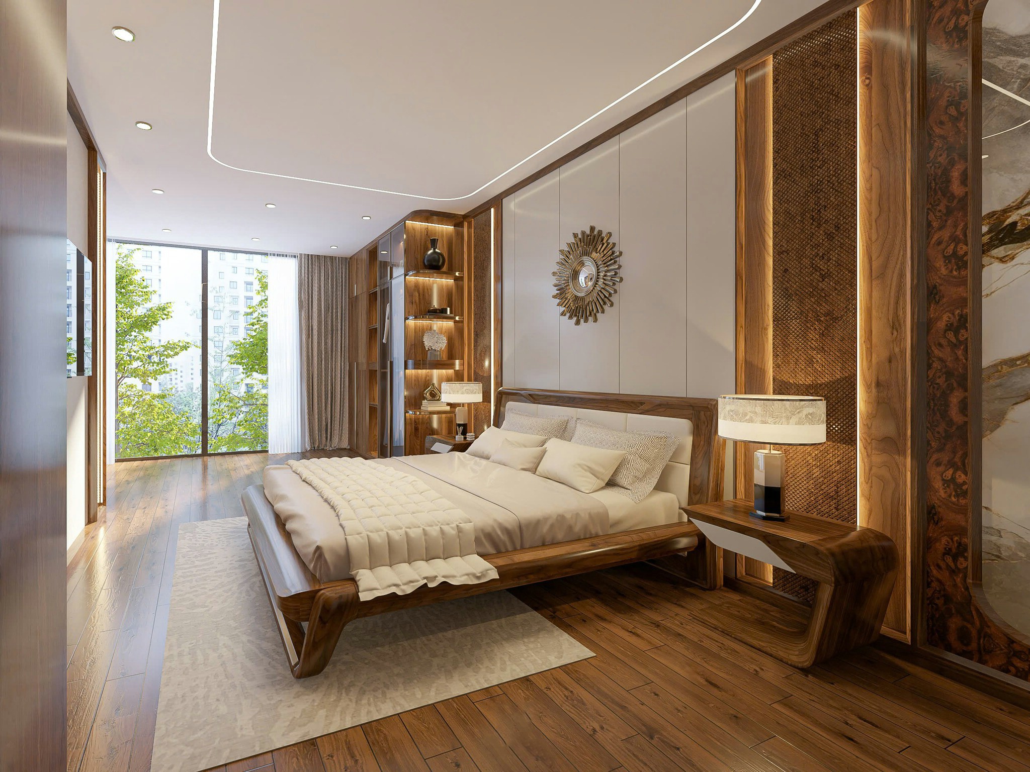 Nội thất phòng ngủ master với giường gỗ dáng thấp và tủ quần áo gỗ – kính hiện đại