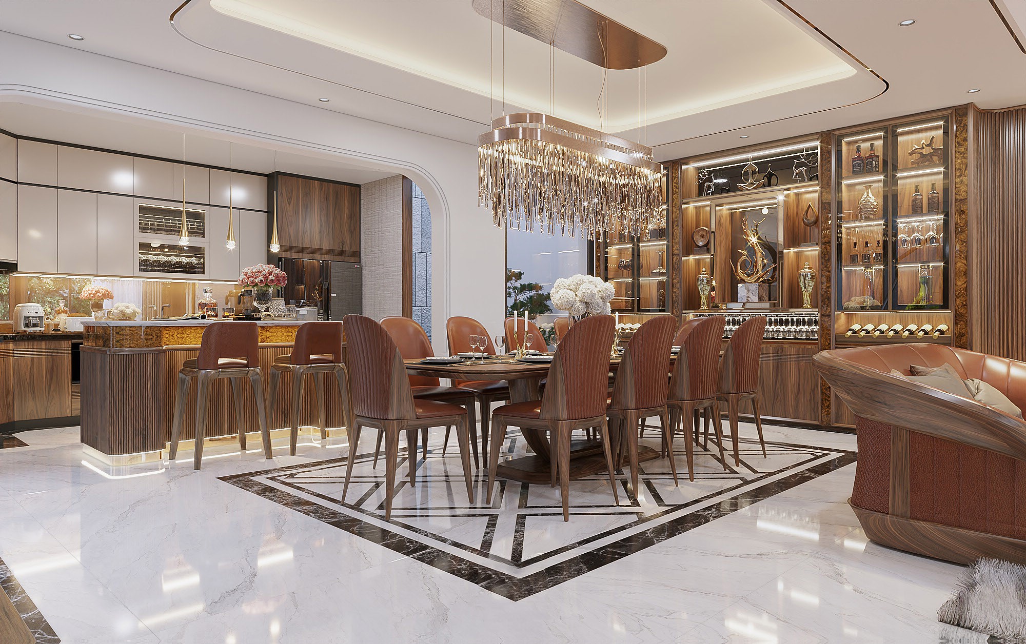 Phòng bếp đẹp hiện đại với tủ rượu kính lớn và bàn ăn gỗ óc chó 10 ghế