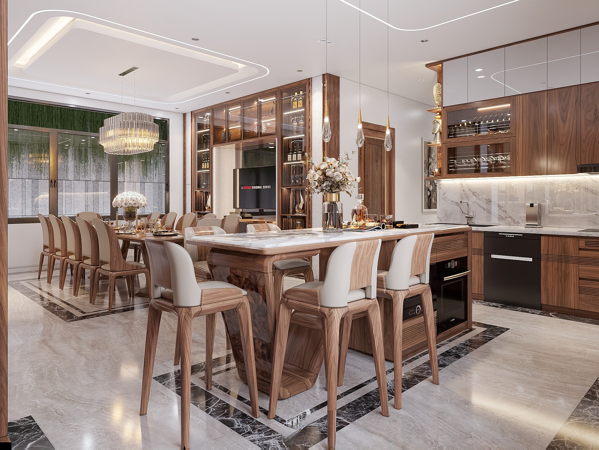 Phòng bếp đẹp nhà ống với bàn ăn 12 ghế, bàn bar mặt đá granite và tủ bếp MDF màu nâu trắng