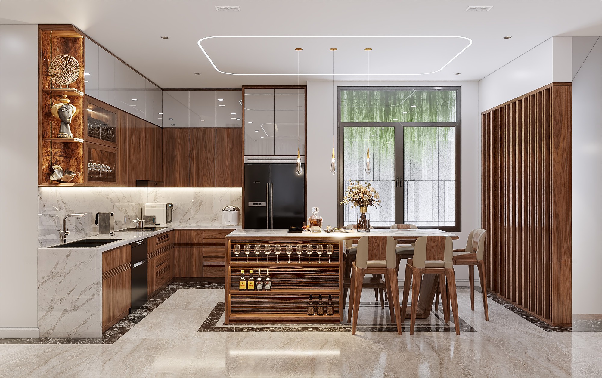 Phòng bếp đẹp sang trọng với bàn bar kết hợp bàn ăn và tủ bếp chữ L hiện đại