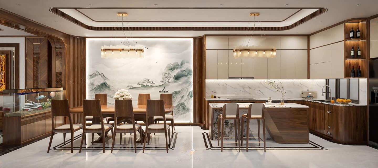 Phòng bếp hiện đại sang trọng với bàn ăn gỗ óc chó và tủ bếp chữ L phối màu trắng – nâu
