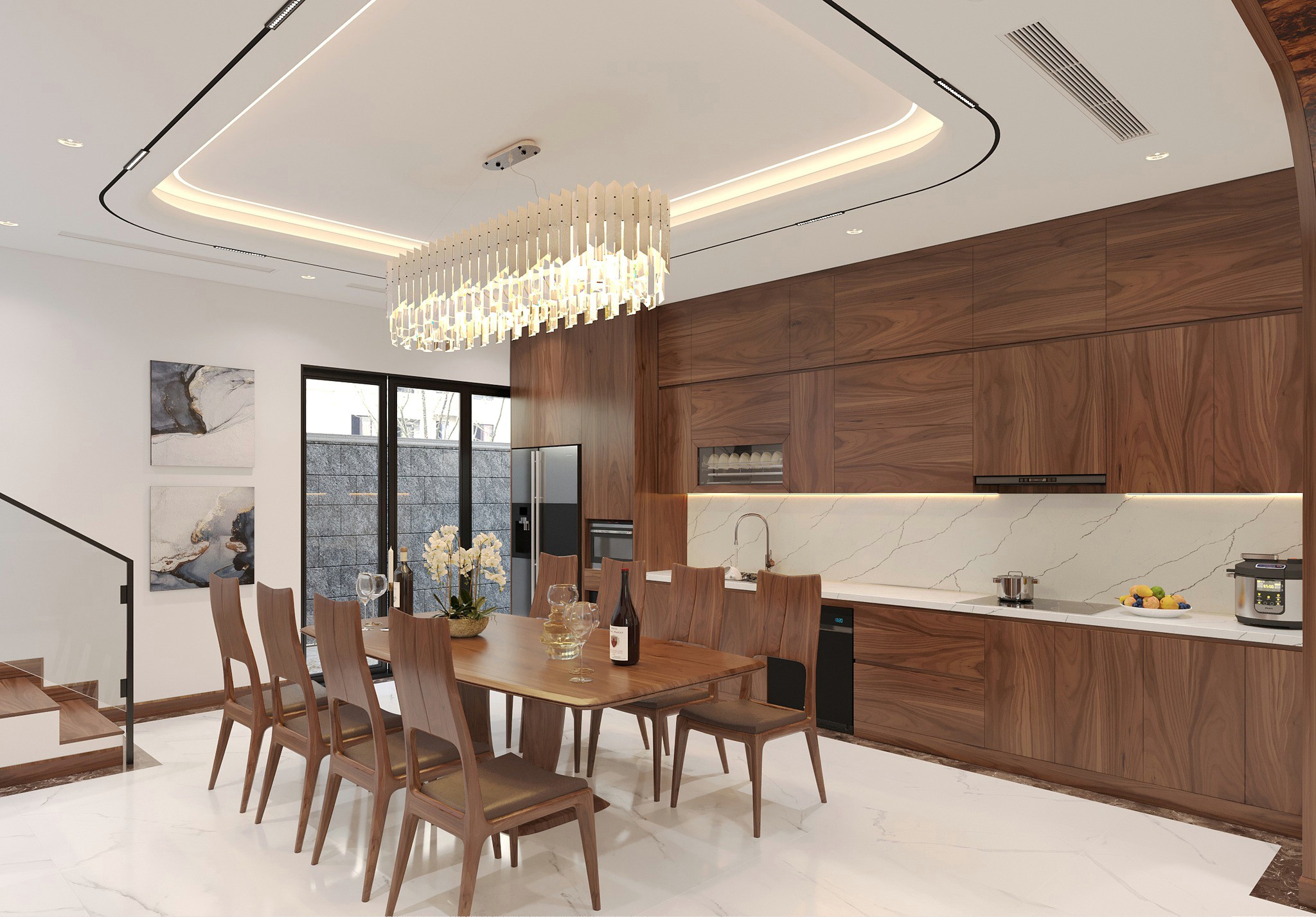 Phòng bếp hiện đại tủ veneer và bàn ăn gỗ sồi