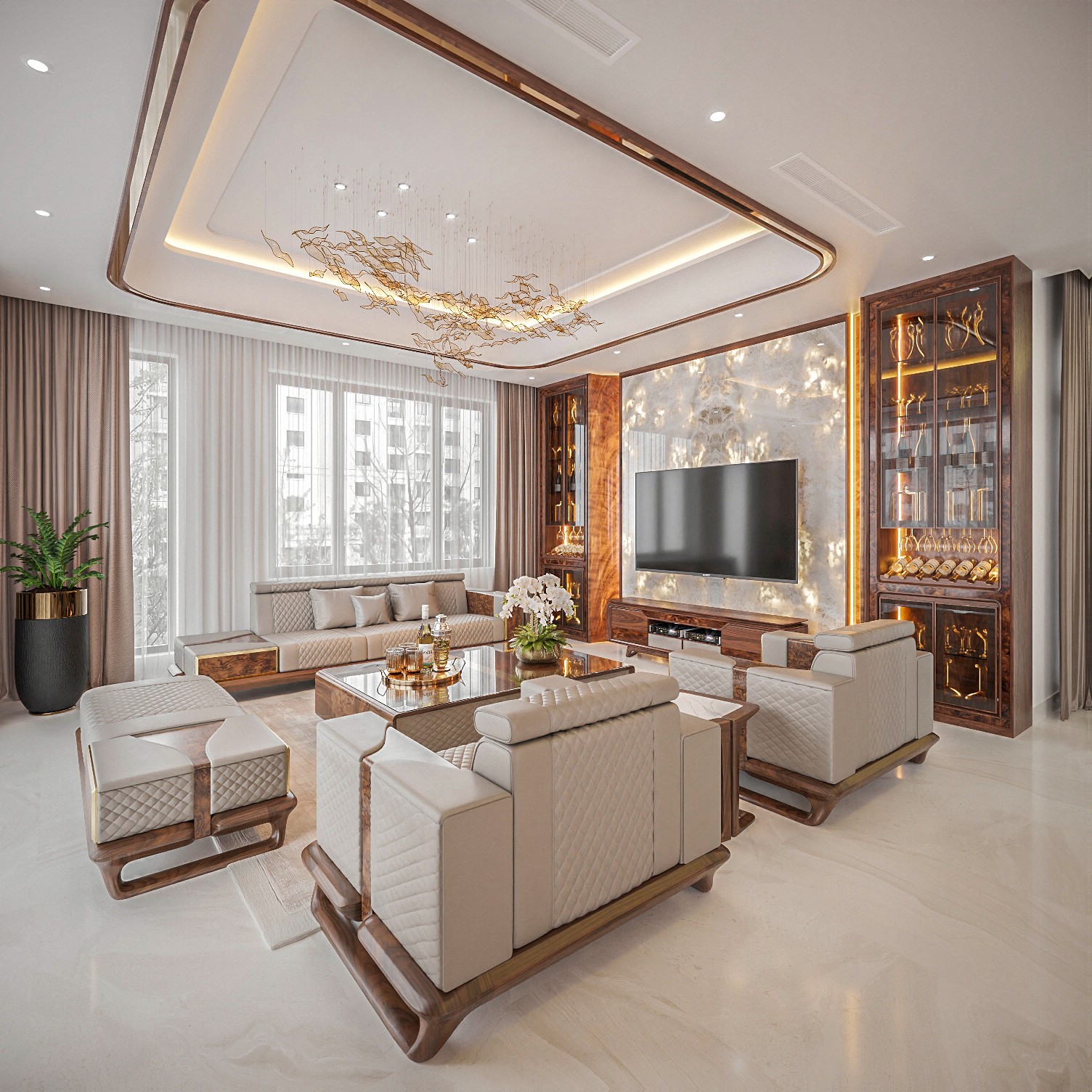 Phòng khách gỗ óc chó hiện đại với thiết kế kỹ thuật tối ưu