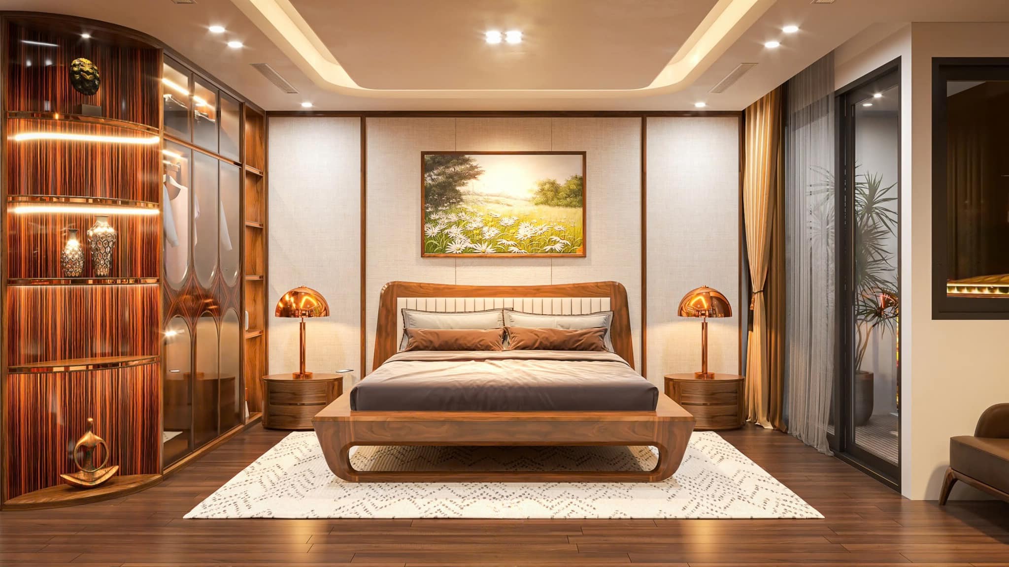 Phòng ngủ đẹp với giường cong, tủ kính và ánh sáng vàng ấm