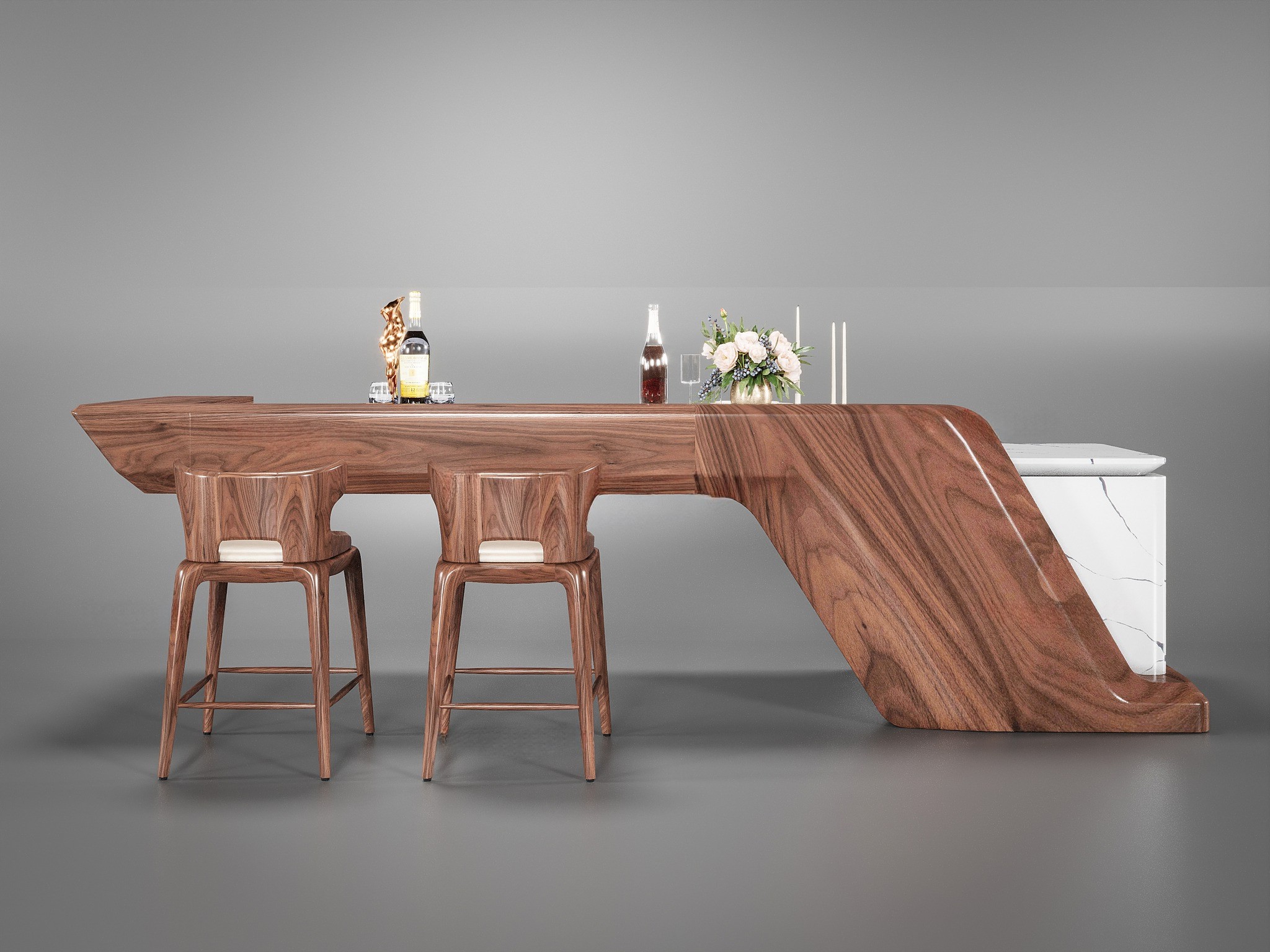 Quầy bar bếp bằng gỗ hiện đại hình chữ Z kết hợp mặt đá marble trắng