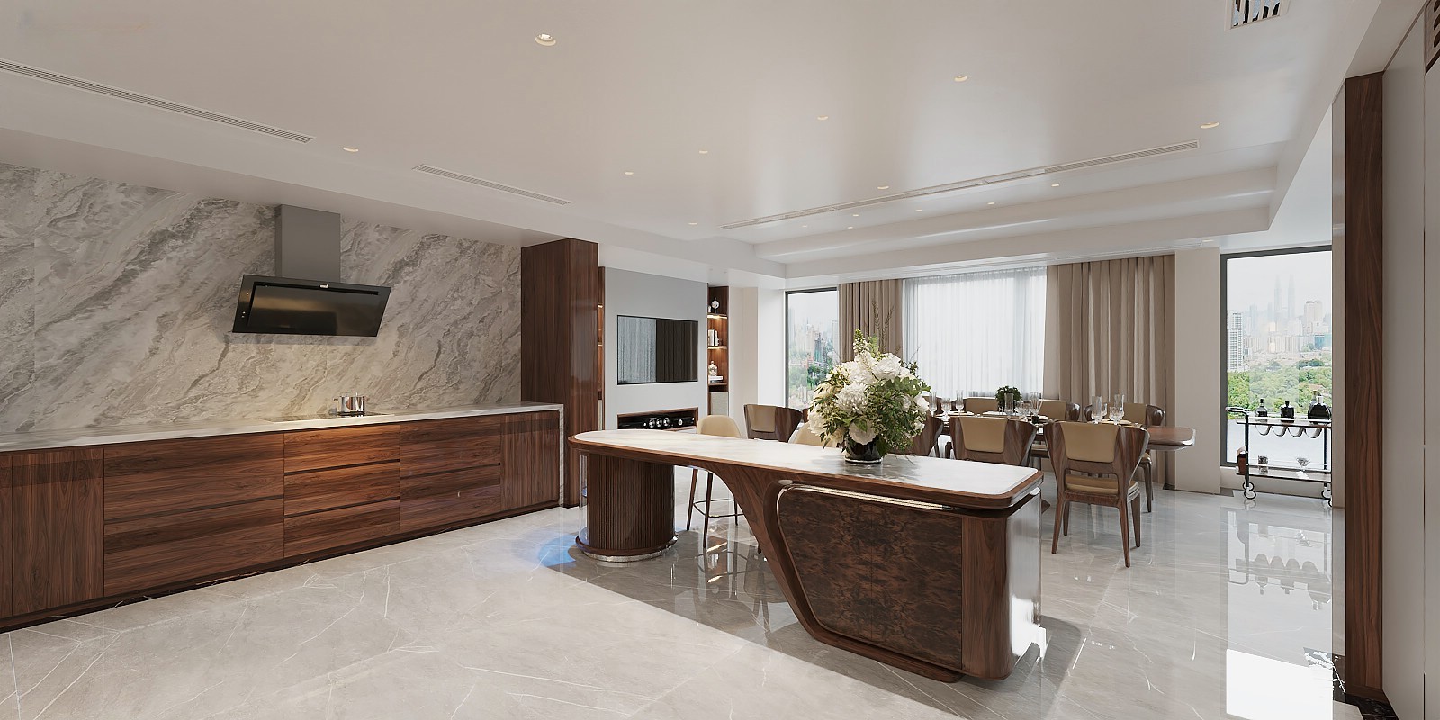 Quầy bar nhà bếp gỗ óc chó với mặt đá granite trắng và chân trụ lam sóng hiện đại