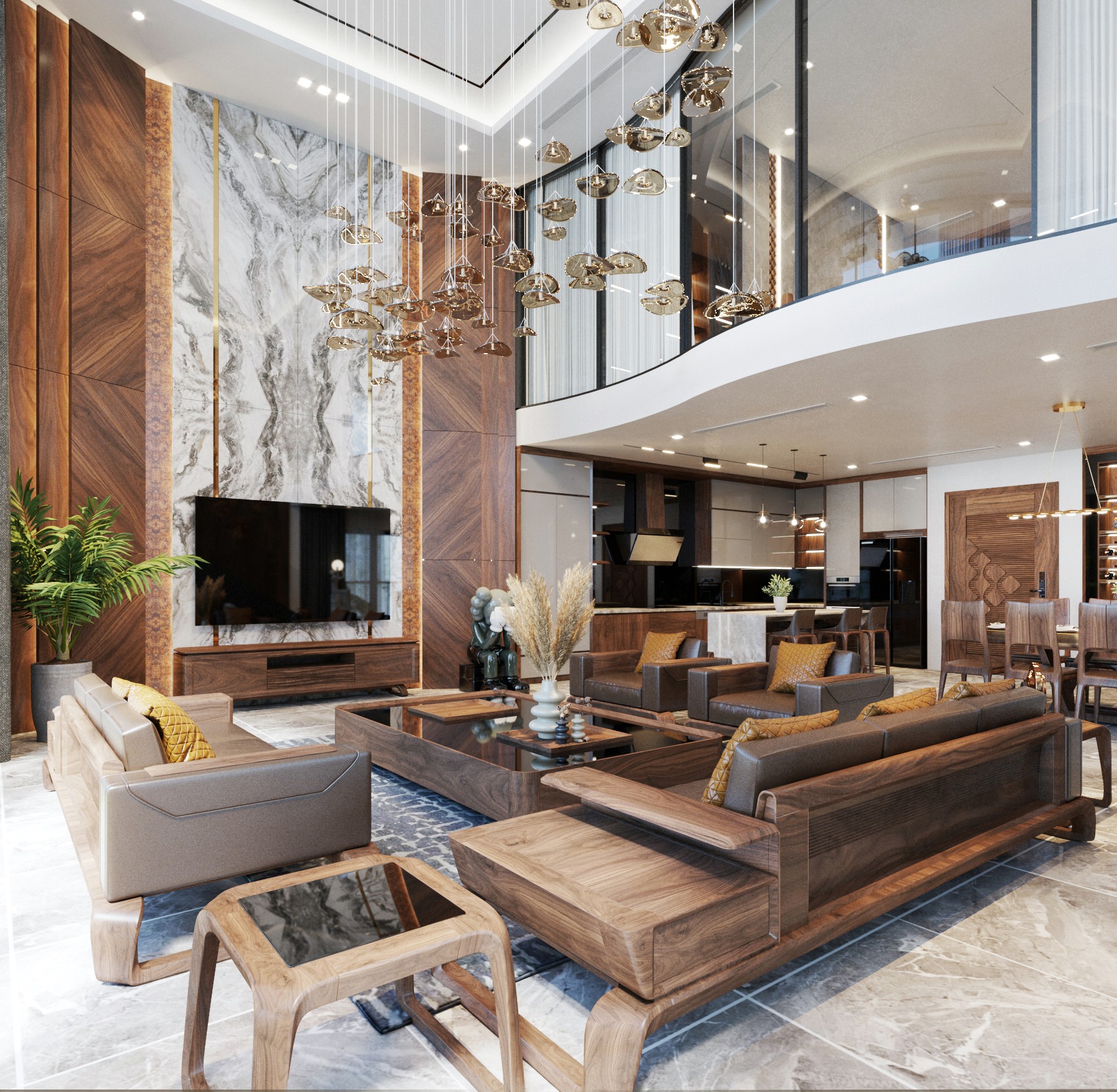 Sofa gỗ cao cấp với khung óc chó, da nâu sữa và bàn trà kính đen