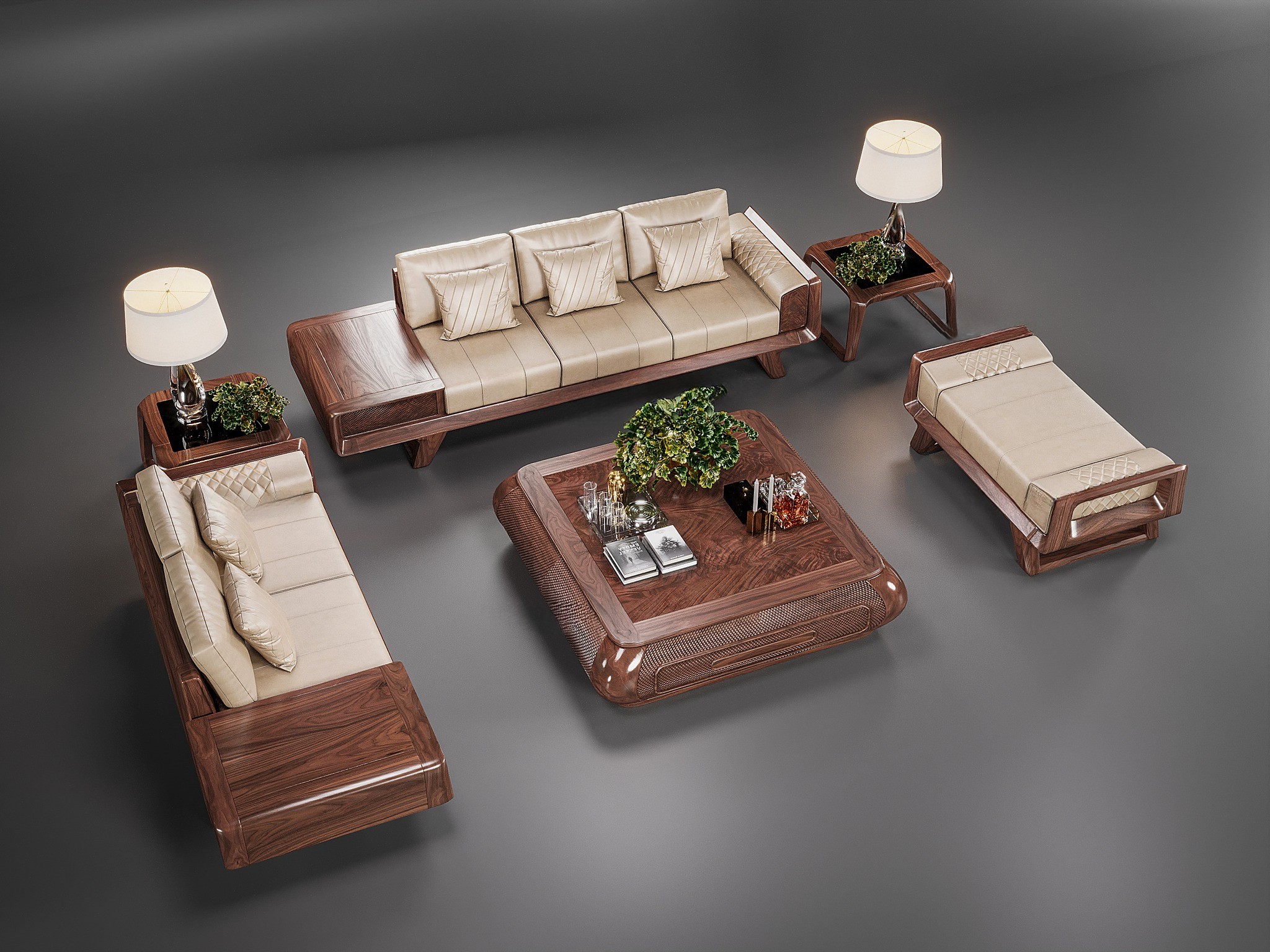 Sofa gỗ da cao cấp với khung gỗ óc chó và đệm bọc da vàng kim