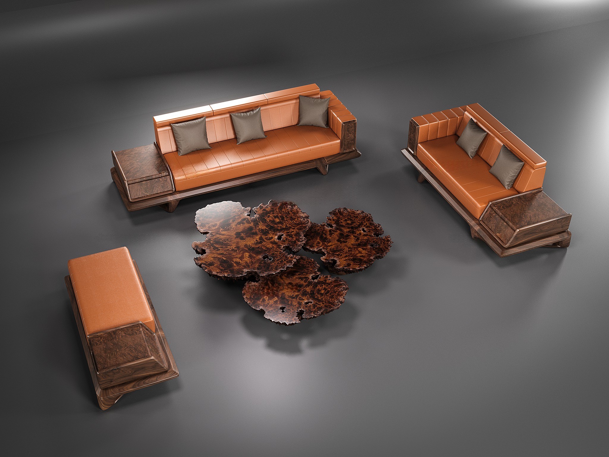 Sofa gỗ đẹp thiết kế chữ U với bàn trà gỗ nu nguyên khối và tay vịn bọc nỉ màu cam