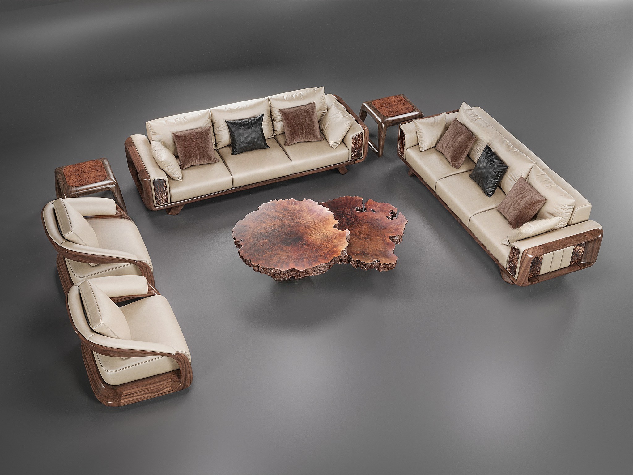 Sofa gỗ óc chó cao cấp phối da bò trắng và bàn trà Nu