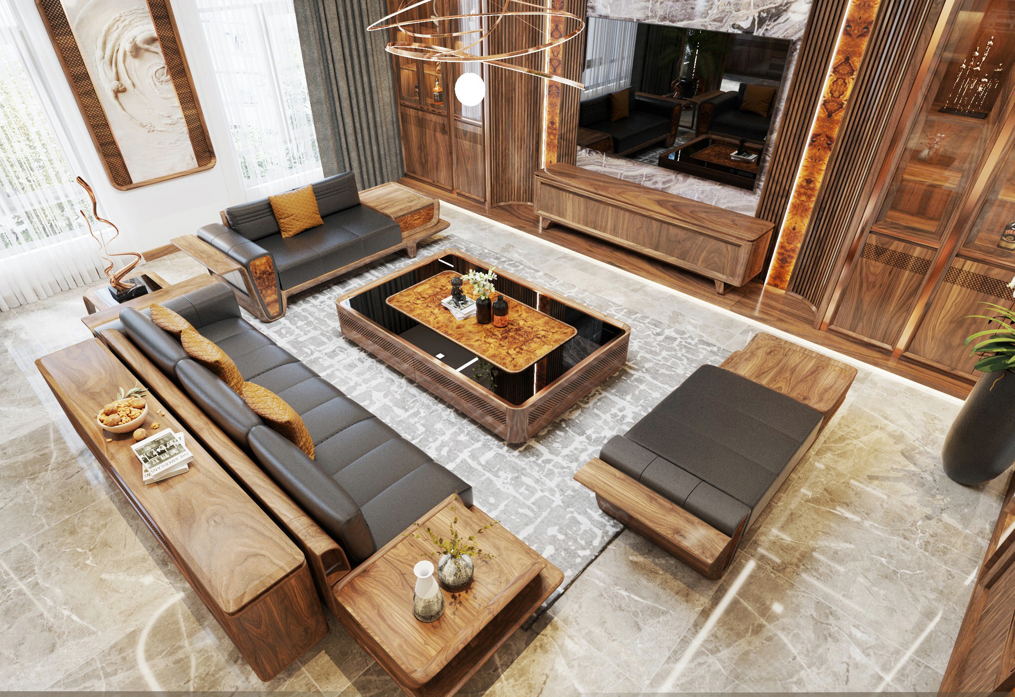 Sofa gỗ phòng khách đẹp hiện đại với đệm da PU đen và bàn trà veneer nu