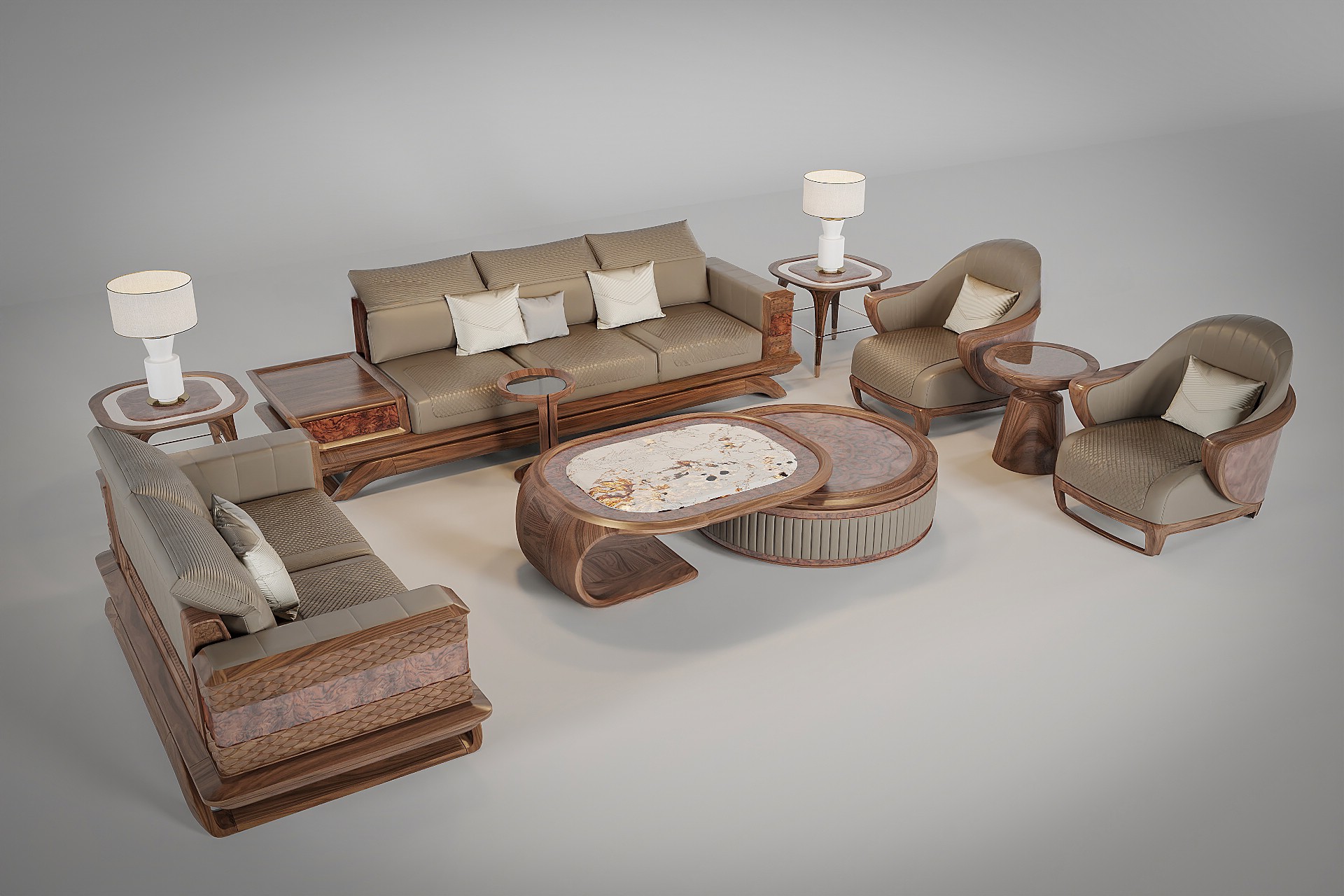 Bộ sofa gỗ phòng khách hiện đại với tay vịn CNC vảy cá và bàn trà đá marble – gỗ sang trọng