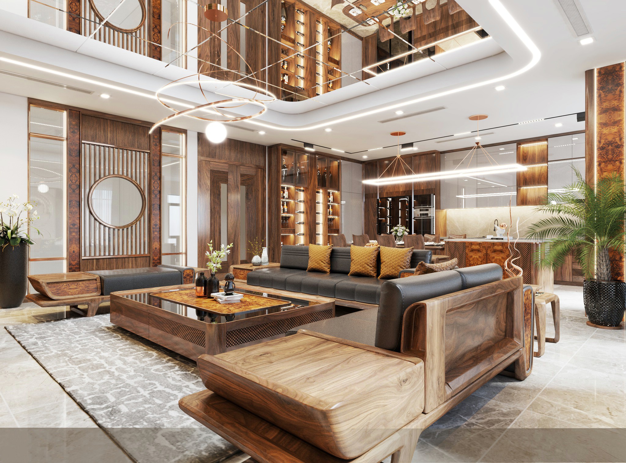 Sofa gỗ tự nhiên hiện đại với đệm bọc da màu đen và bàn trà mặt kính kết hợp gỗ CNC họa tiết mắt cáo