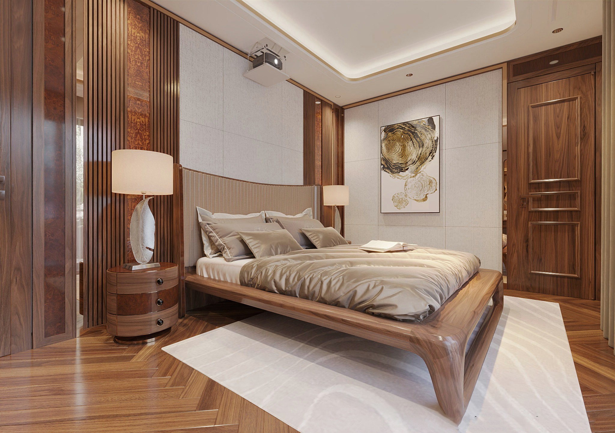 Thiết kế giường ngủ gỗ tự nhiên hiện đại chân chữ U