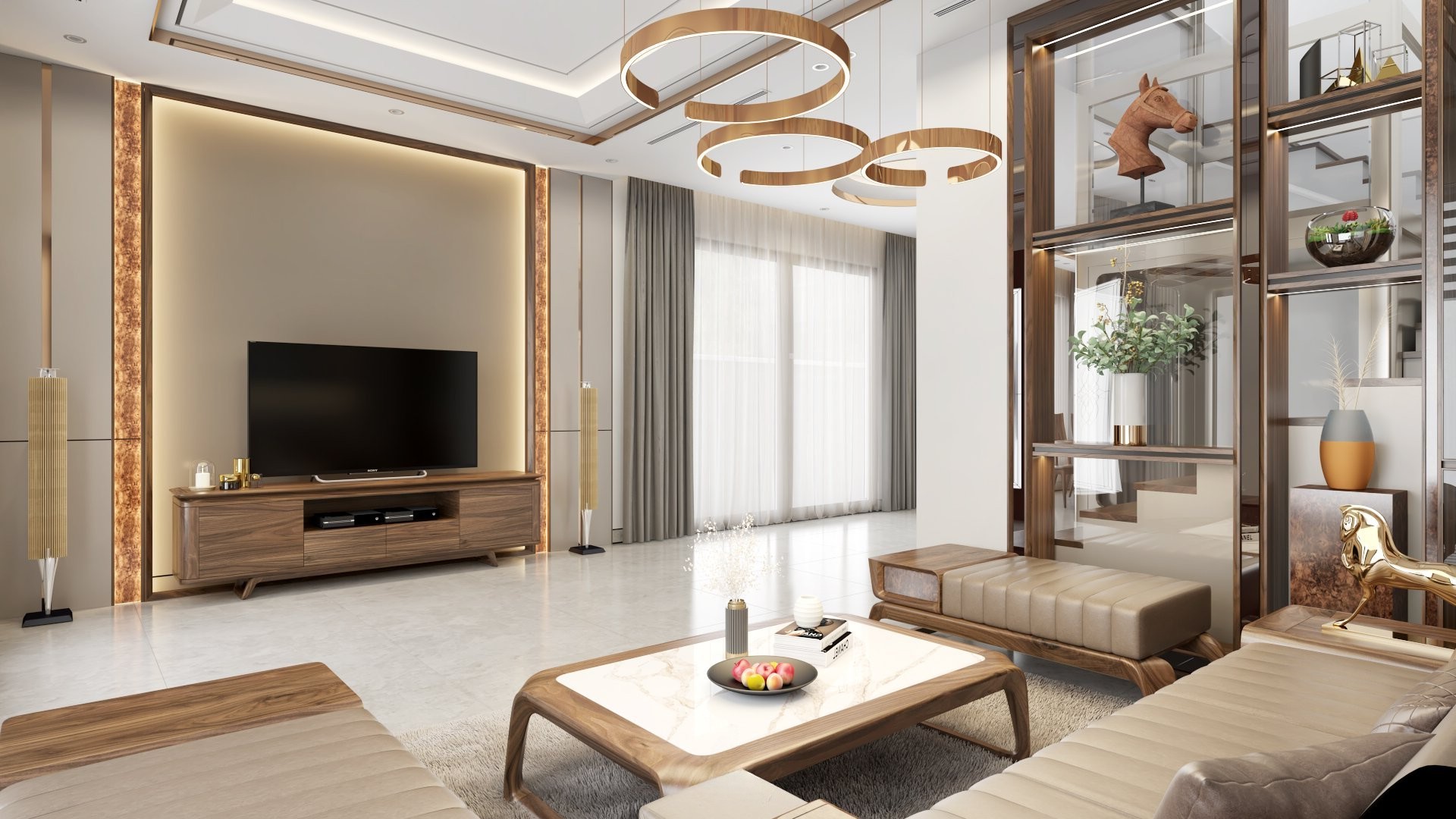 Thiết kế kệ tivi phòng khách gỗ tự nhiên dáng thấp hiện đại