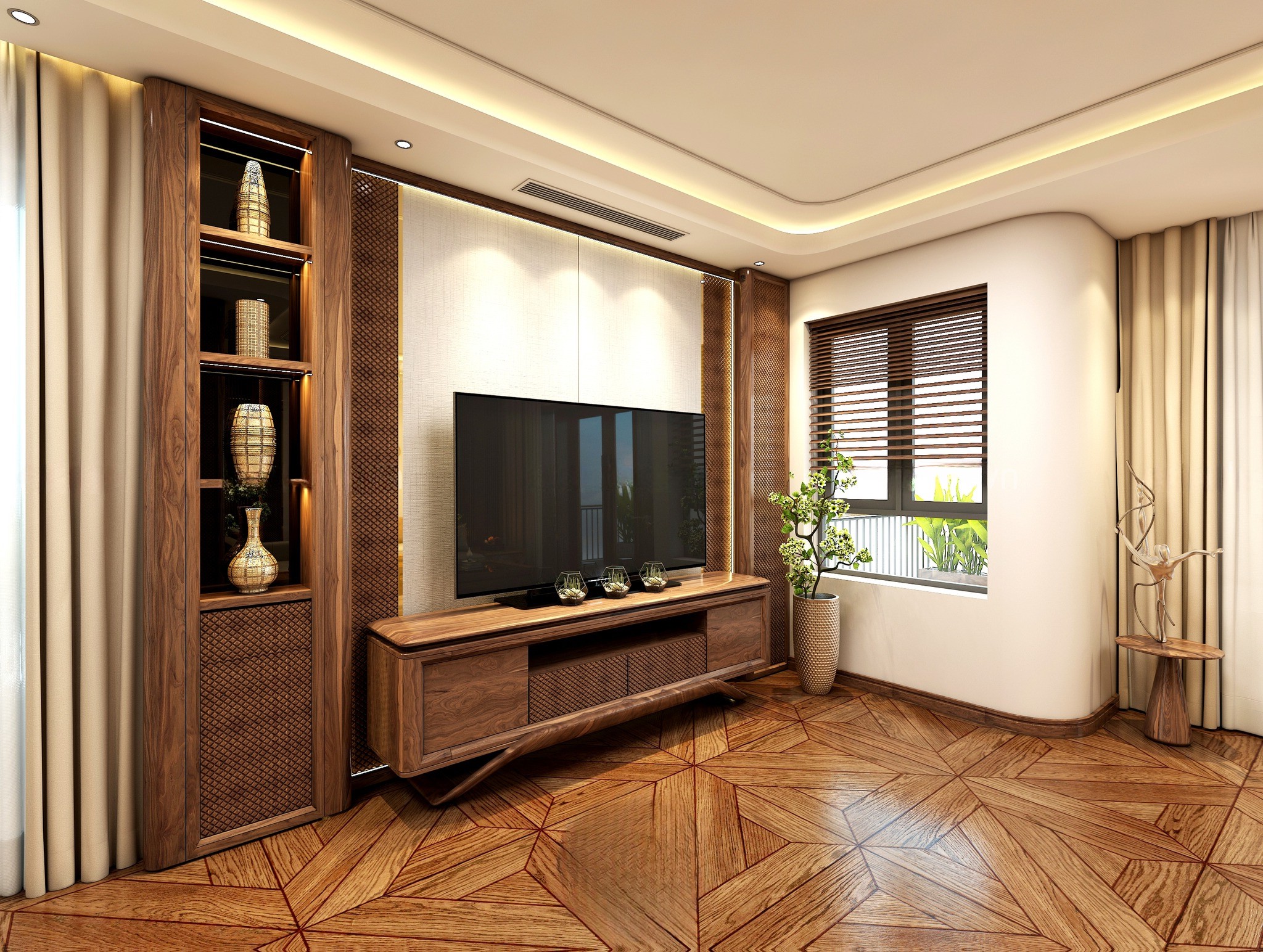 Thiết kế kệ tivi gỗ tự nhiên với chân chữ U chéo góc và ngăn kéo CNC