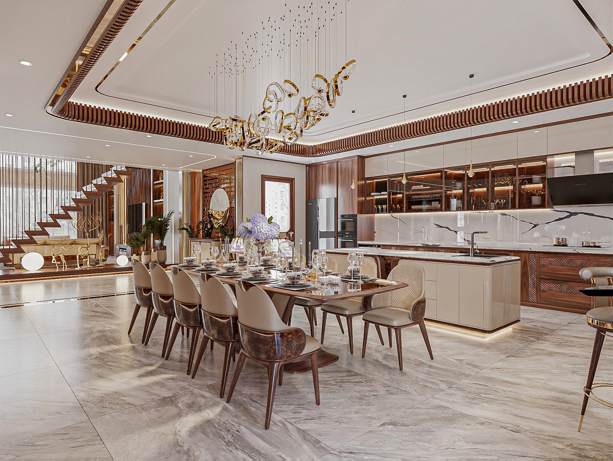 Thiết kế nội thất phòng bếp hiện đại với bàn ăn gỗ óc chó 10 ghế