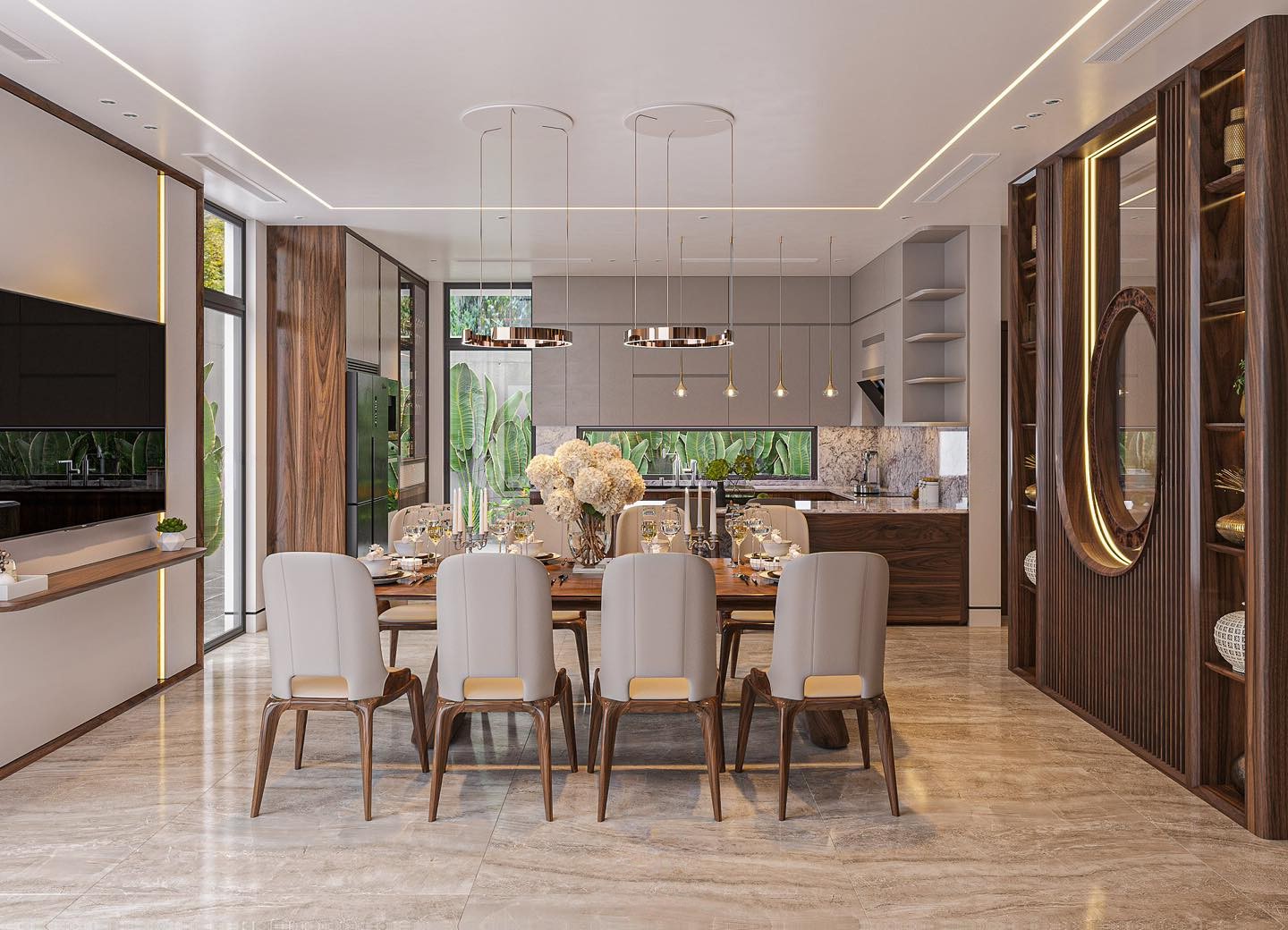 Thiết kế nội thất phòng bếp hiện đại với tủ bếp chữ L và bàn ăn 8 ghế sang trọng