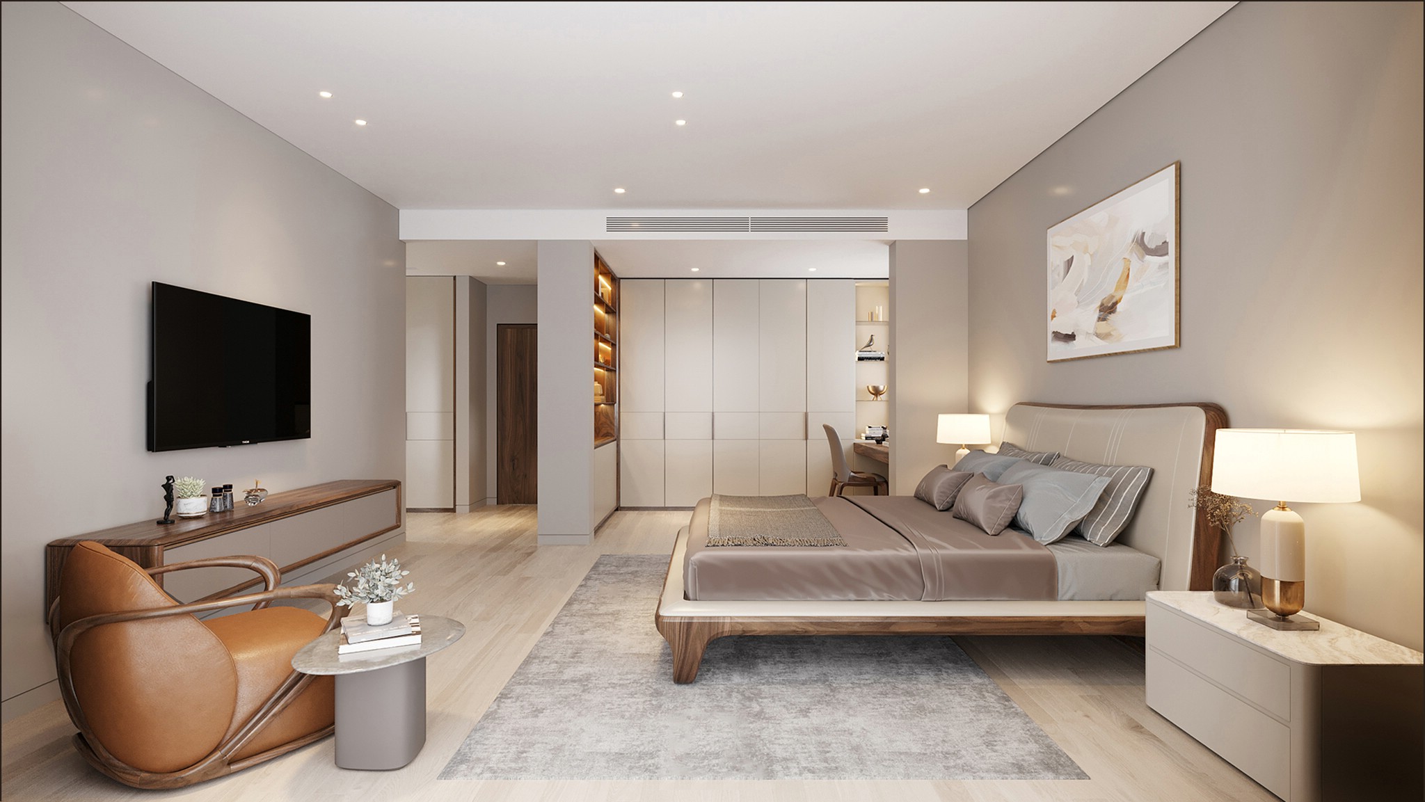 Thiết kế phòng ngủ nhỏ hiện đại với tông trắng kết hợp gỗ tự nhiên tối ưu diện tích