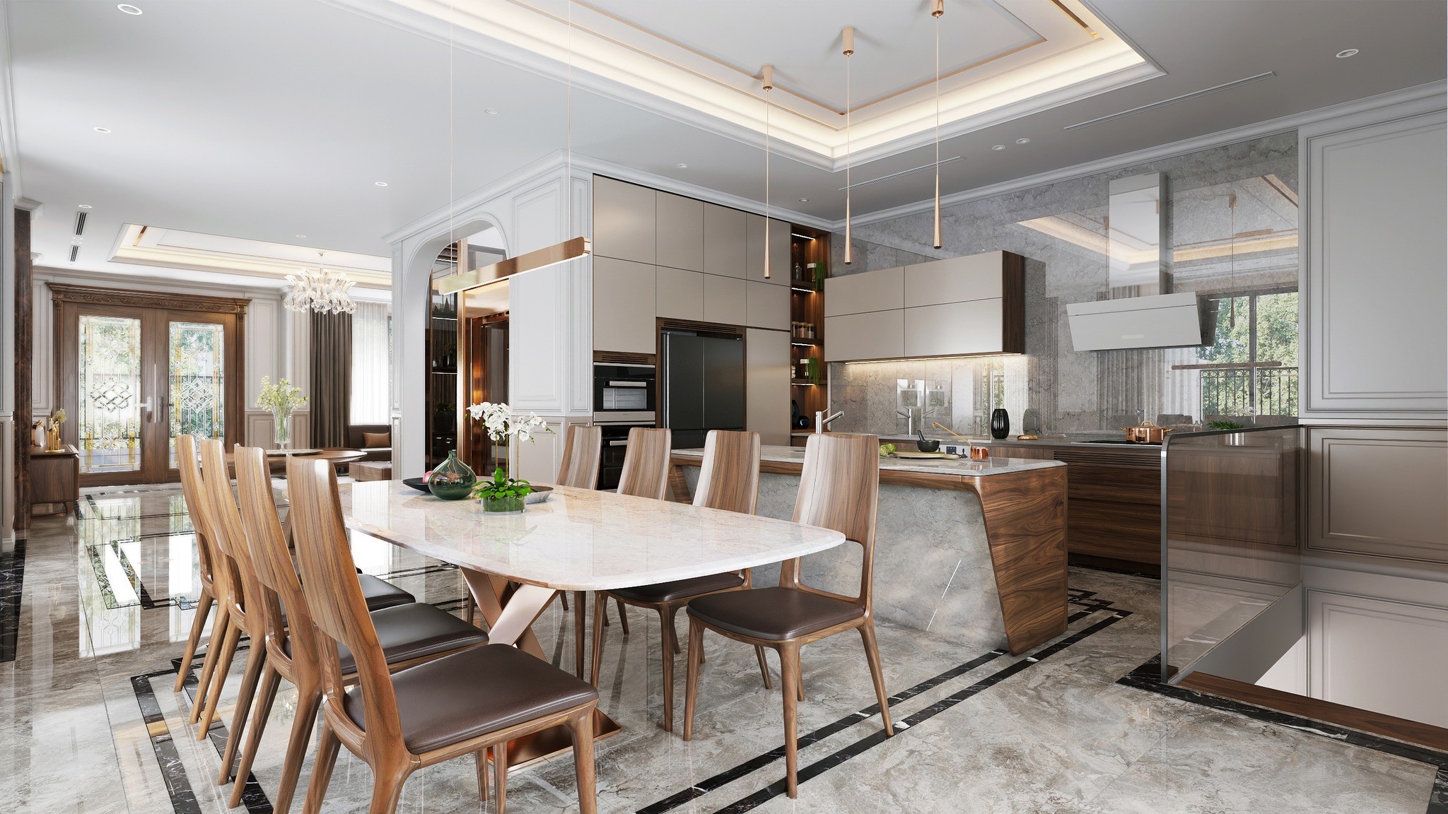 Thiết kế phòng bếp đẹp với bàn ăn mặt đá trắng vân xám và tủ bếp chữ L hiện đại