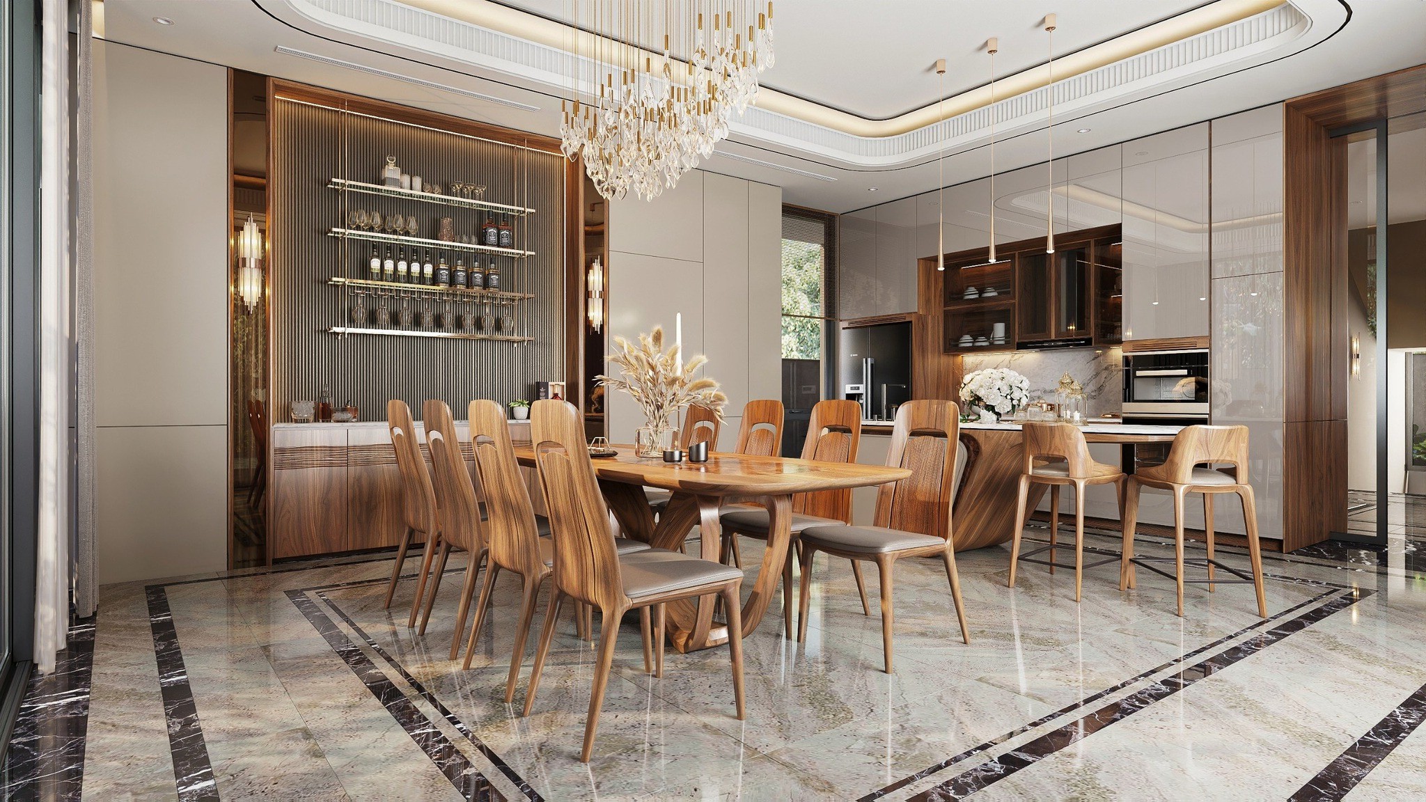 Thiết kế phòng bếp hiện đại với bàn ăn 8 ghế và quầy bar mặt đá