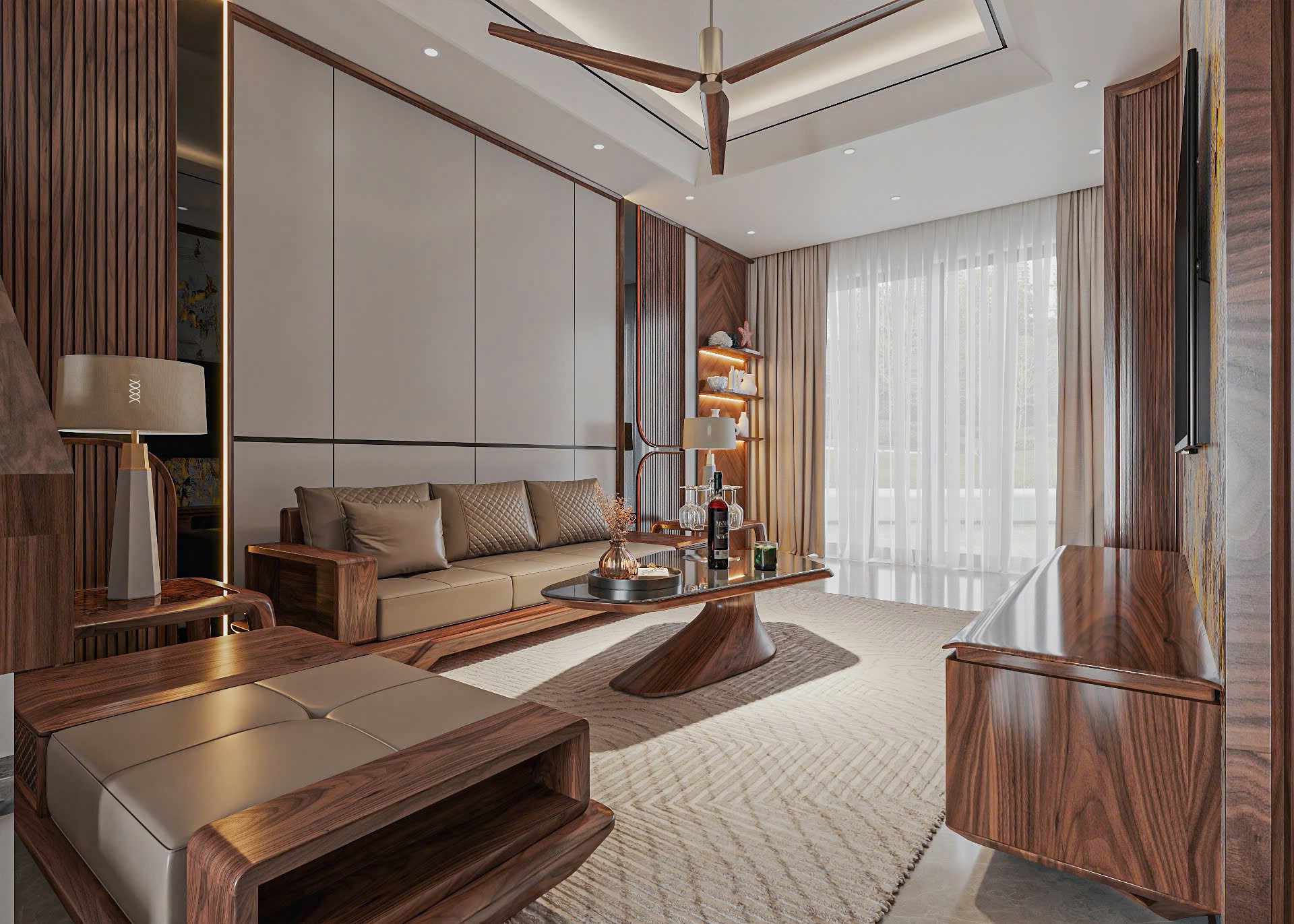 Thiết kế phòng khách chung cư đẹp với sofa gỗ óc chó và bàn trà mặt kính