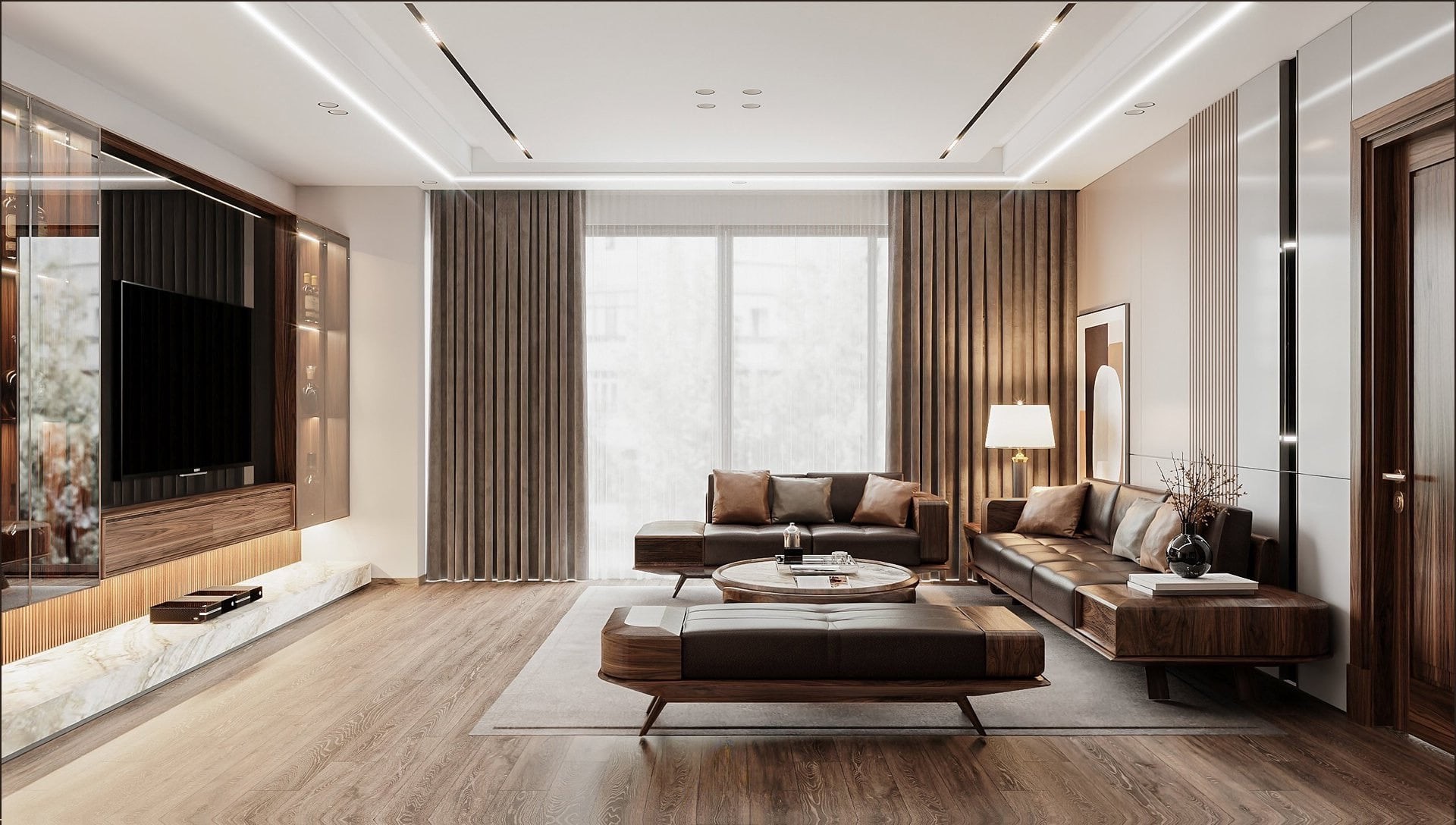 Thiết kế phòng khách chung cư hiện đại với kệ tivi treo tường và bàn ghế gỗ óc chó