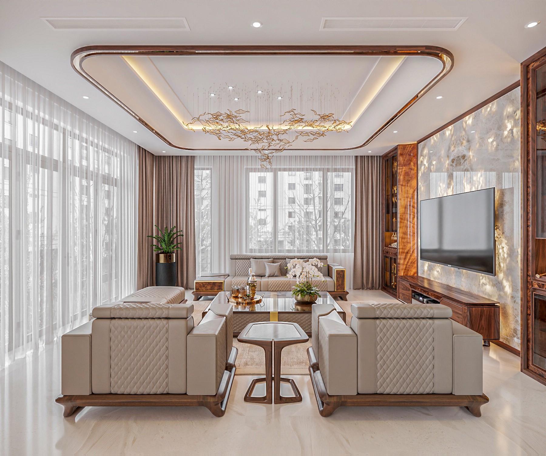 Thiết kế phòng khách đẹp đơn giản 20m2 với sofa gỗ óc chó và kệ tivi hiện đại