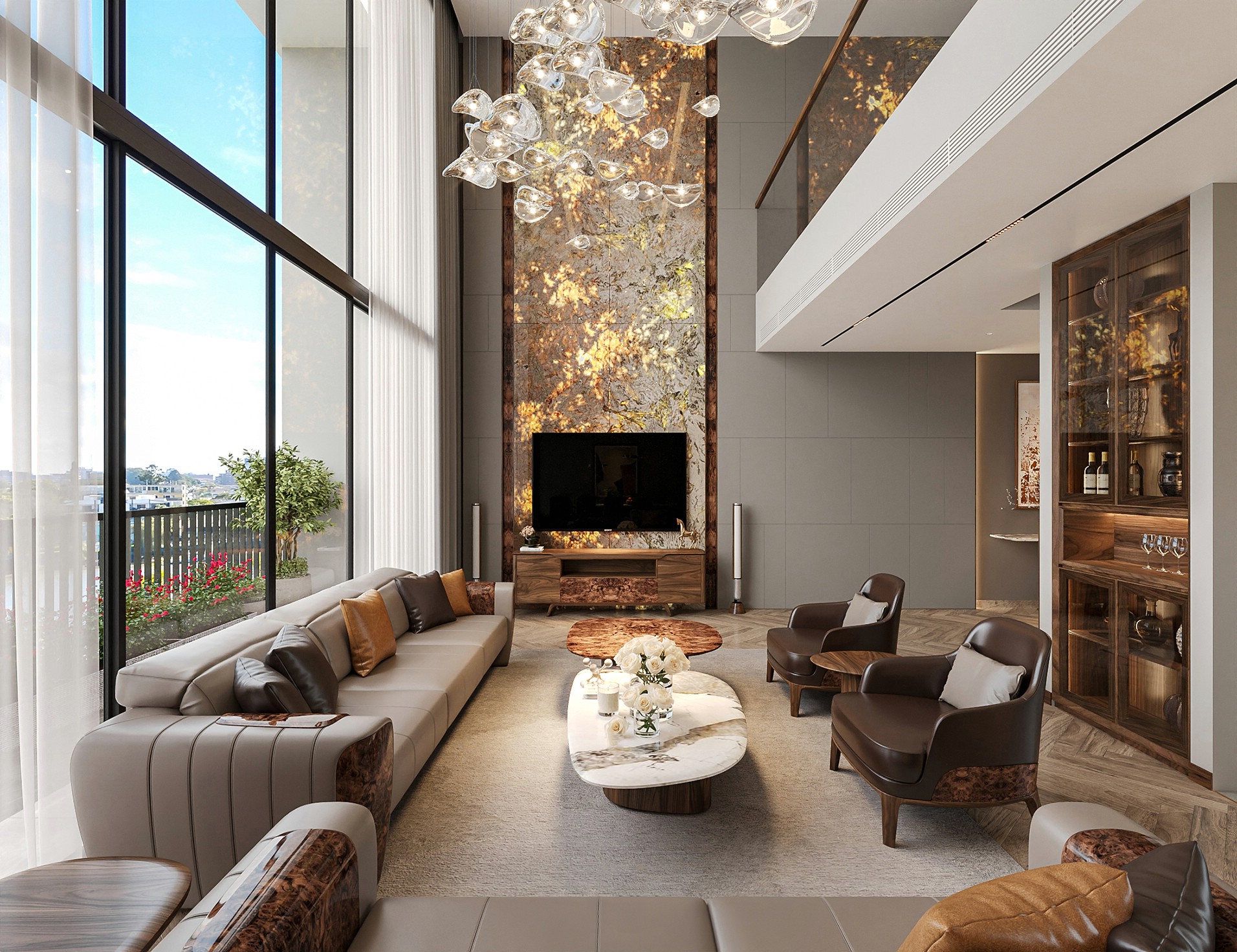 Thiết kế phòng khách đẹp sang trọng với vách đá xuyên sáng và cửa kính thông tầng