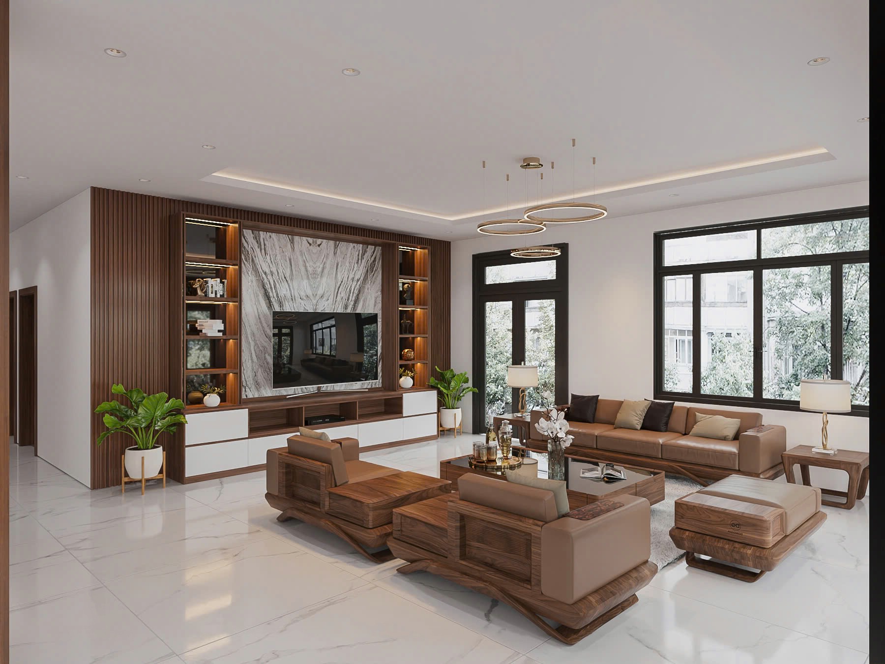 Thiết kế phòng khách đơn giản mà đẹp với bàn ghế gỗ óc chó và ốp lam sóng