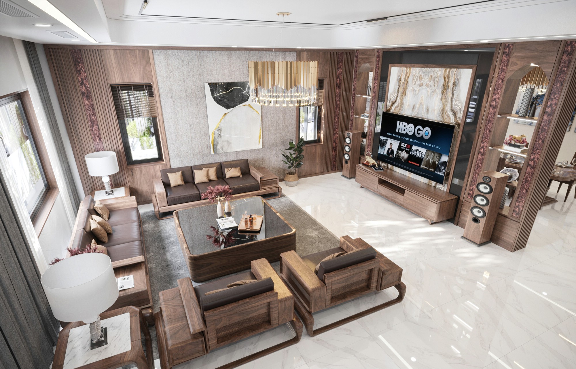 Thiết kế phòng khách gỗ óc chó sang trọng tiện nghi