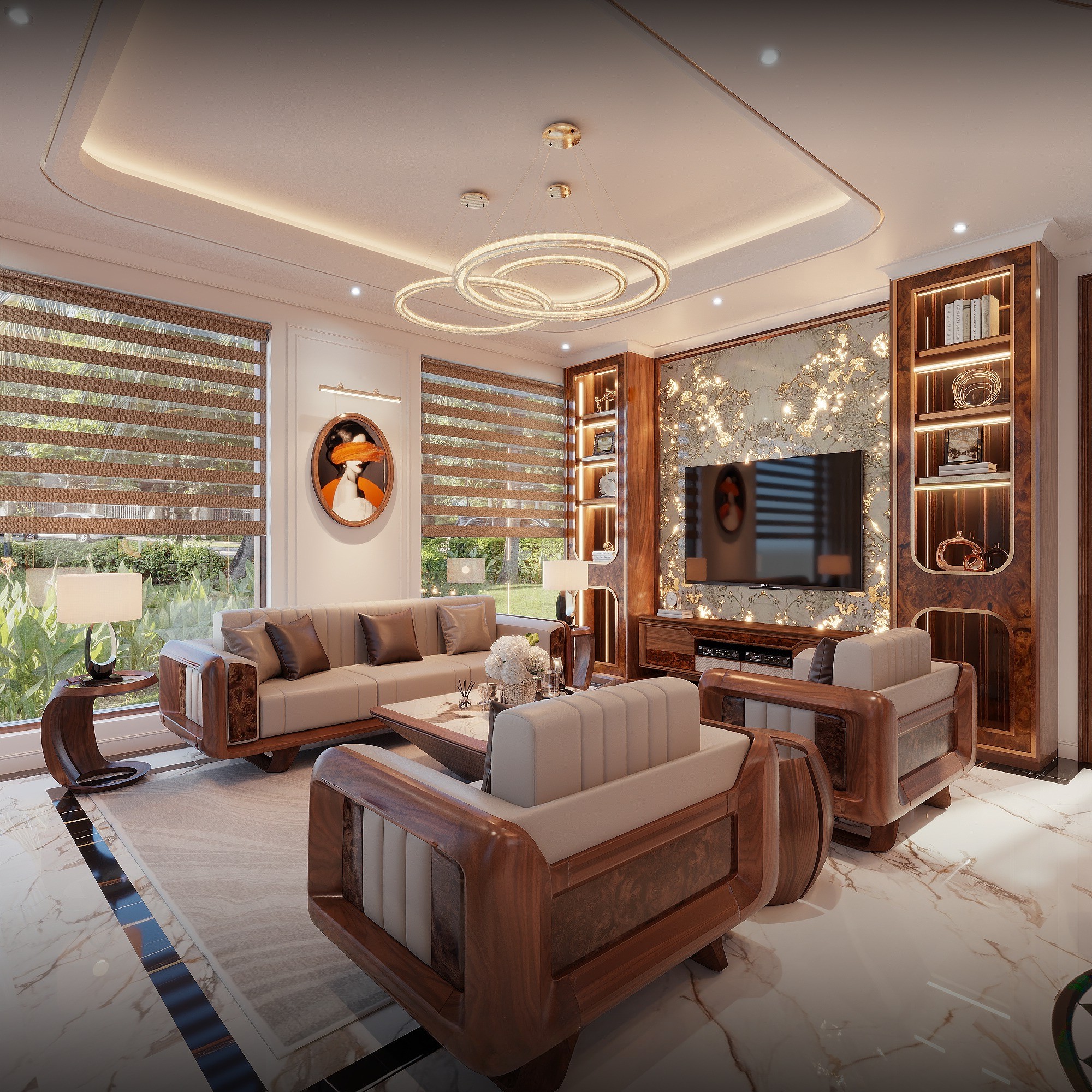 Thiết kế phòng khách hiện đại với tường đá Onyx xuyên sáng và nội thất gỗ cao cấp