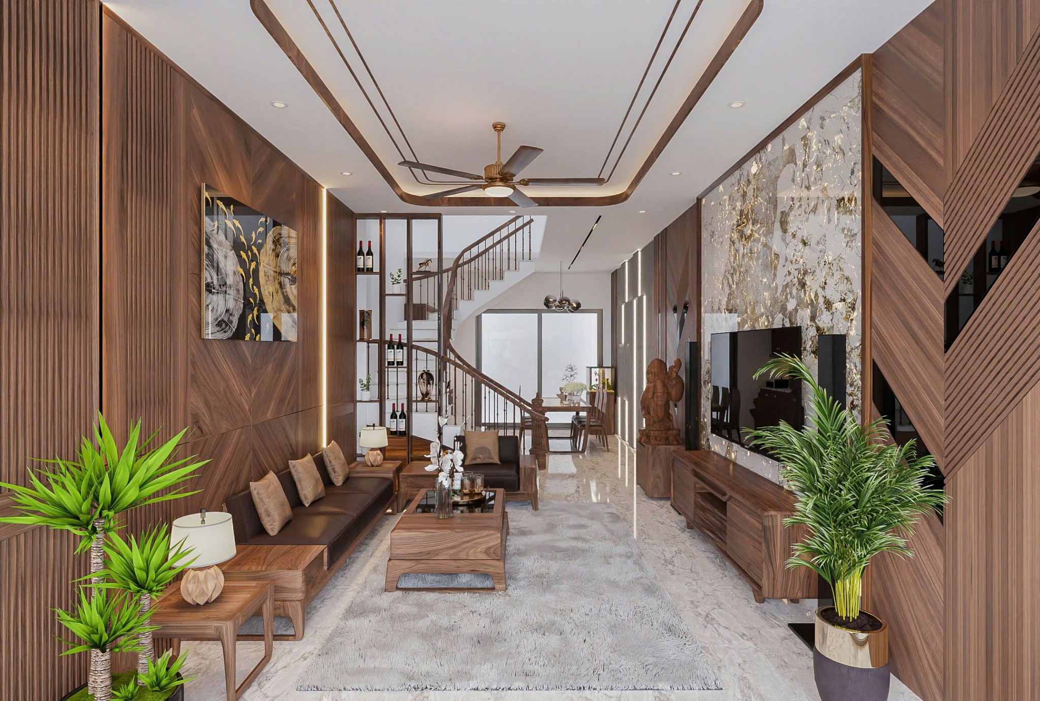 Thiết kế phòng khách nhà ống tone nâu với sofa gỗ và tường đá xuyên sáng Onyx