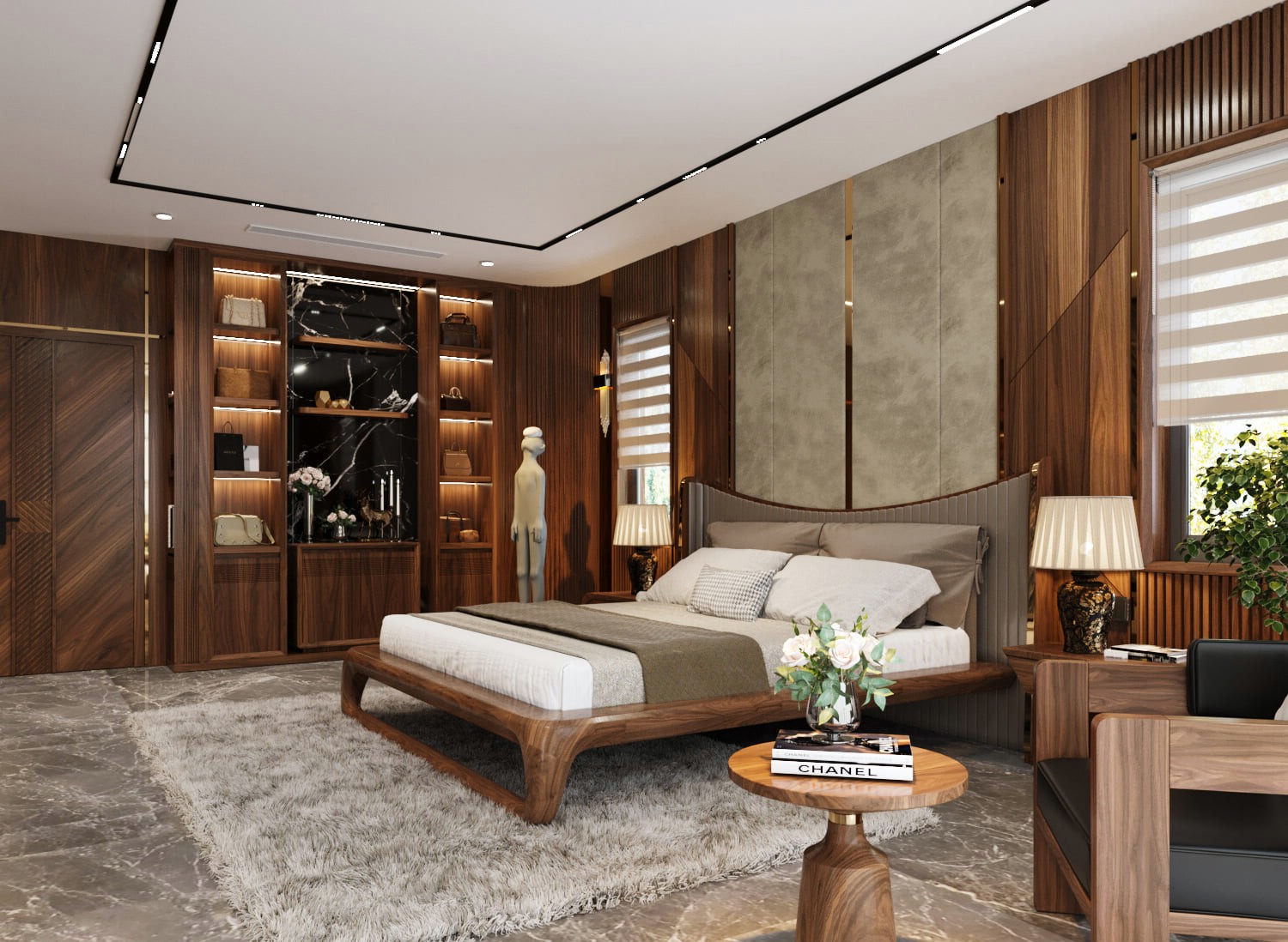 Thiết kế phòng ngủ 20m2 có toilet với nội thất gỗ óc chó màu nâu đậm