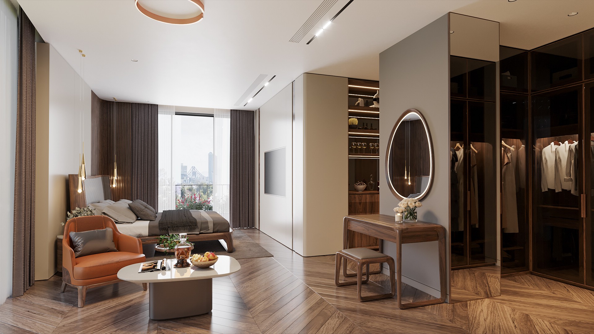 Thiết kế phòng ngủ chung cư hiện đại với giường gỗ và tủ quần áo chữ U kính