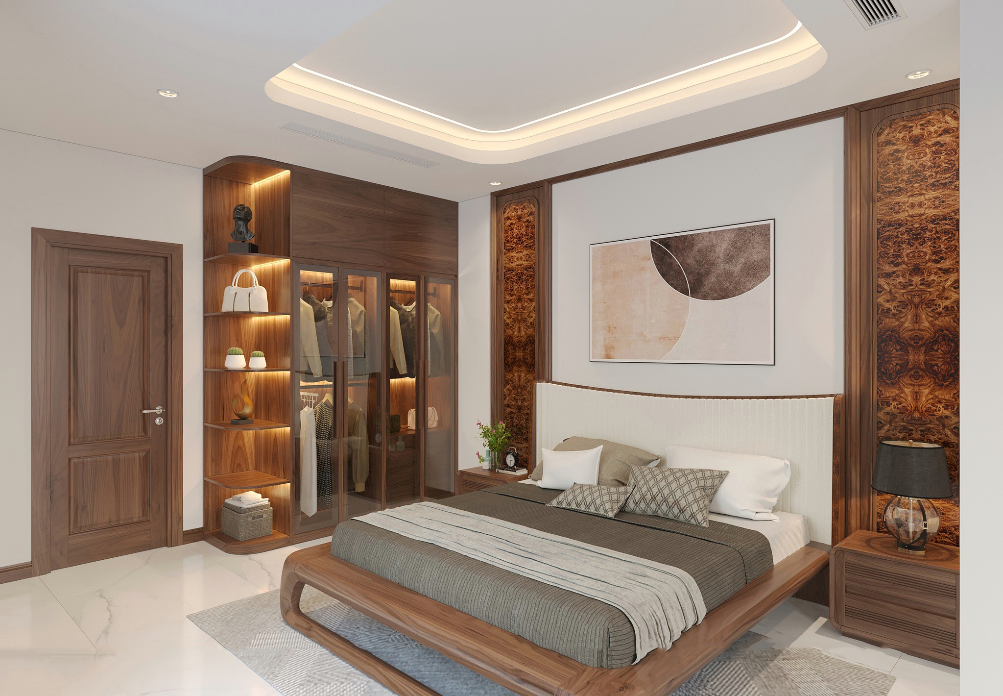 Thiết kế phòng ngủ đẹp cho nữ với giường trung tâm, đầu giường nệm da trắng và tủ quần áo kính cường lực