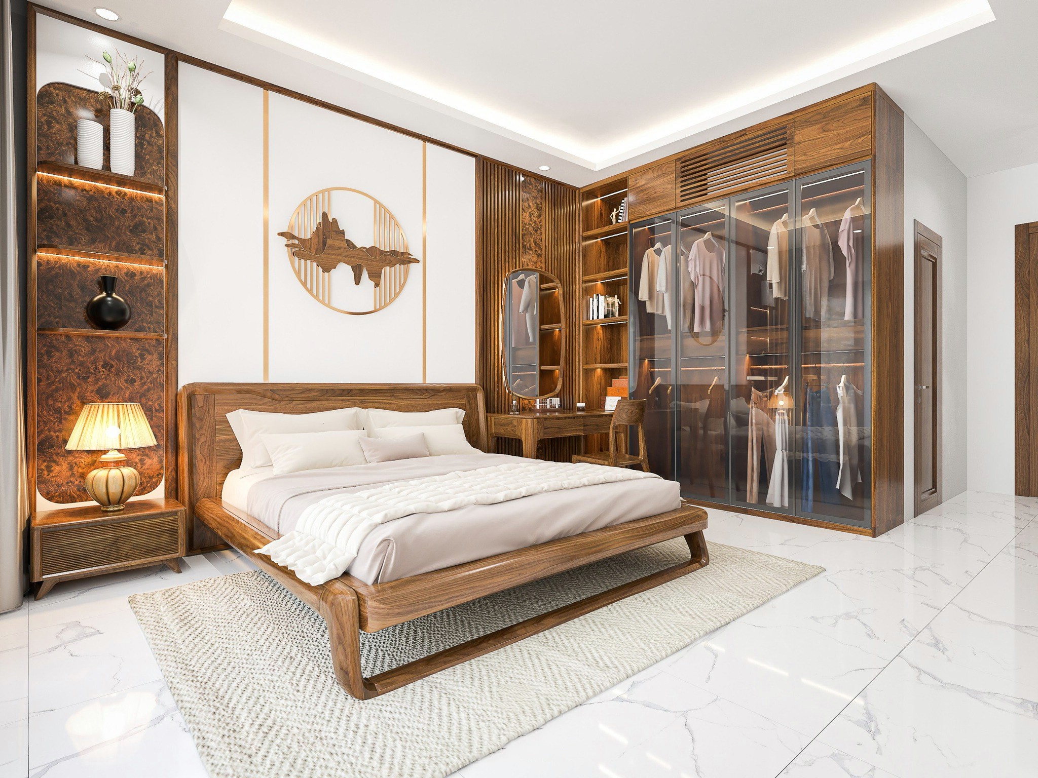 Thiết kế phòng ngủ đẹp sang trọng với tủ áo kính, kệ veneer nu và vách ốp lam sóng