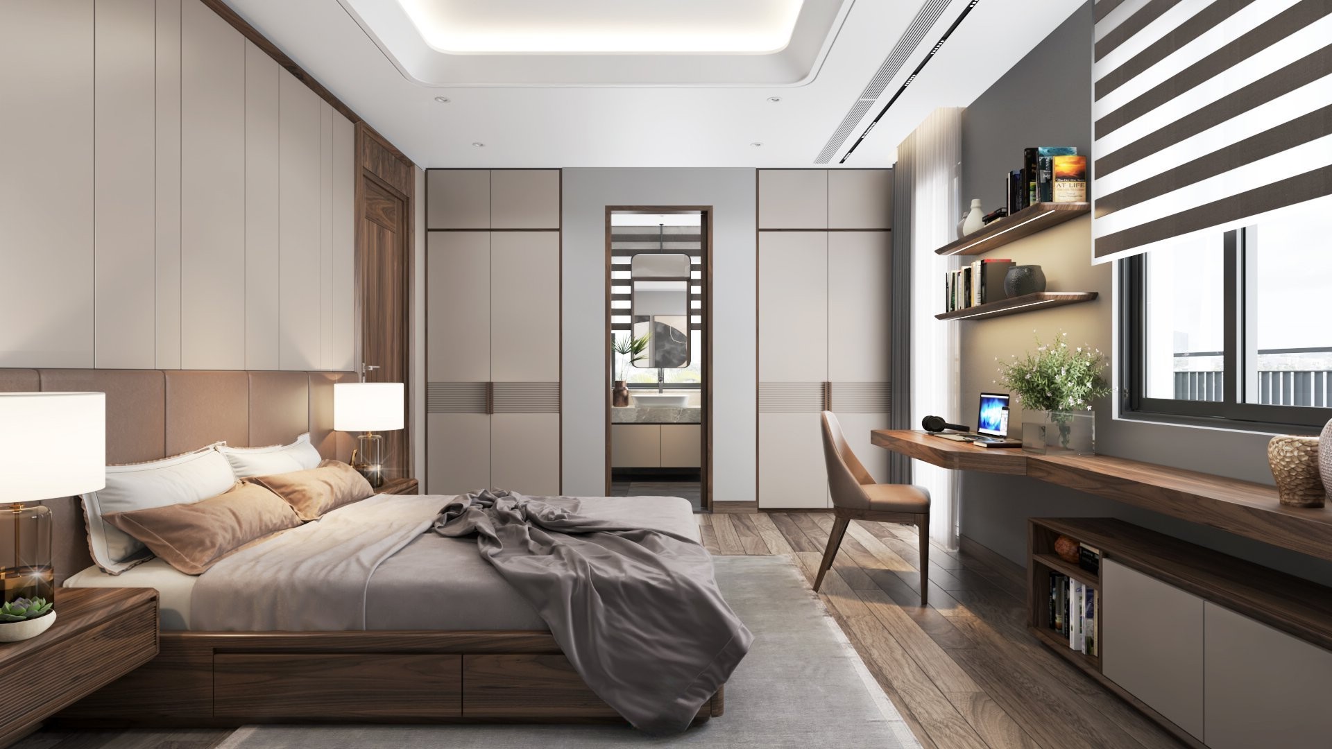 Thiết kế phòng ngủ đơn giản hiện đại với giường gỗ ngăn kéo và tủ quần áo acrylic trắng ghi