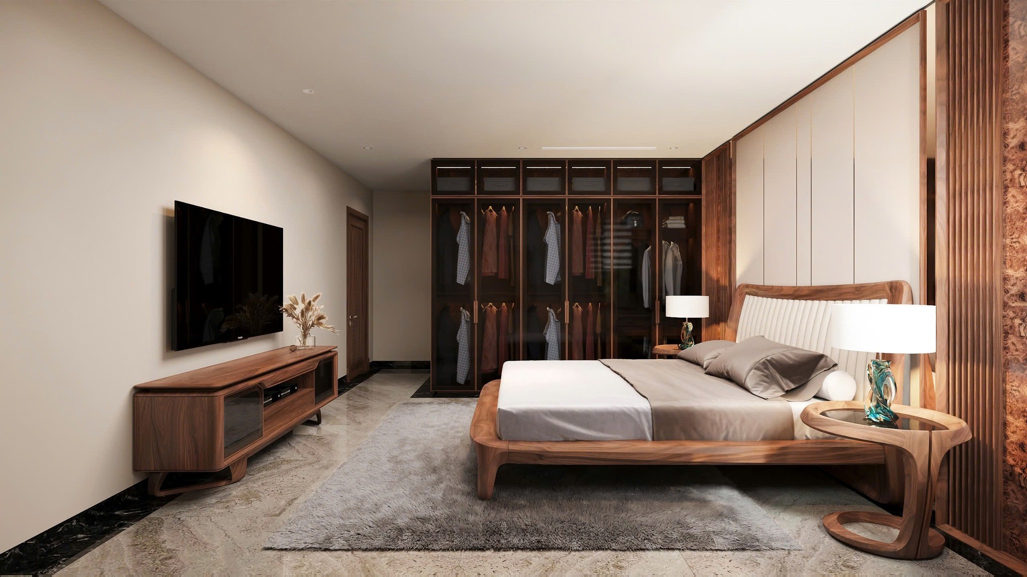 Thiết kế phòng ngủ gỗ óc chó cao cấp với nội thất đồng bộ