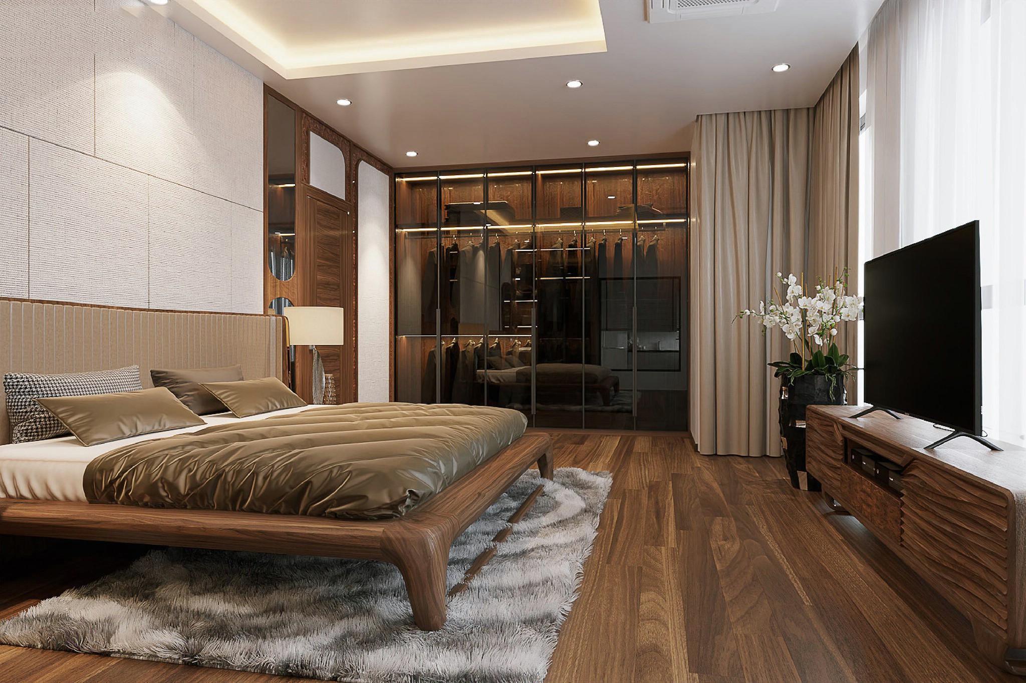 Thiết kế phòng ngủ hiện đại với tủ áo 6 cánh kính và giường gỗ sồi