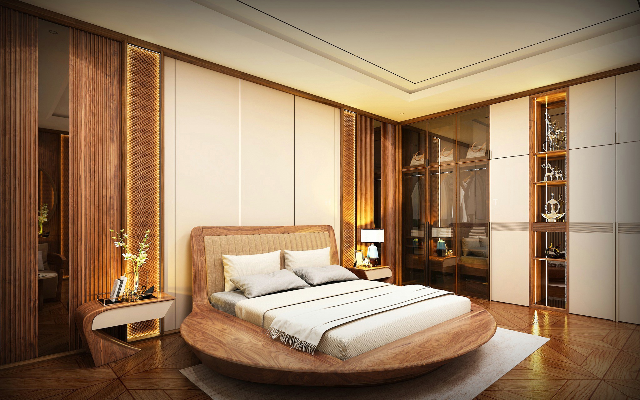 Thiết kế phòng ngủ master hiện đại với giường tròn và tủ quần áo kính – gỗ