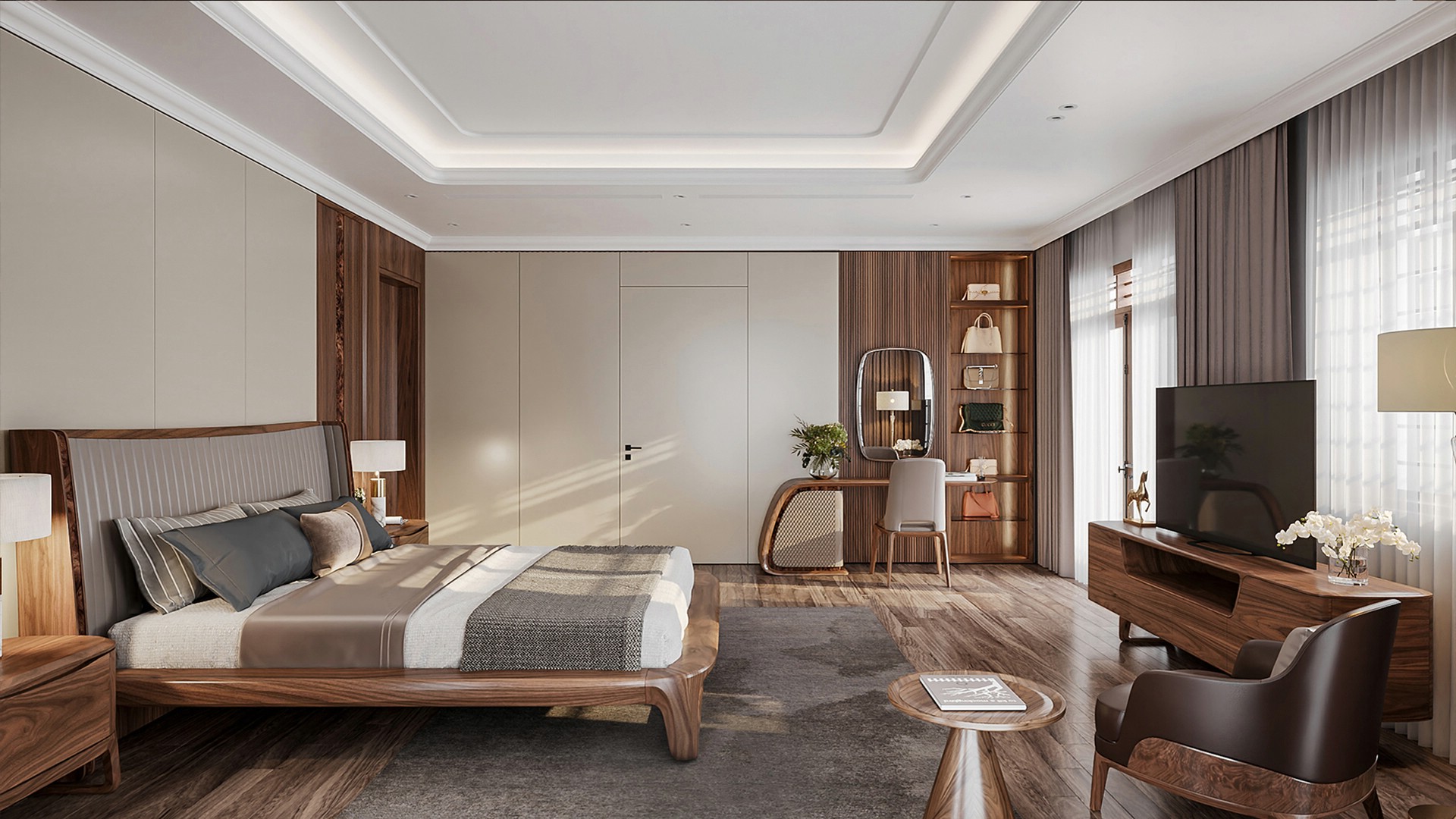 Thiết kế phòng ngủ master hiện đại với giường gỗ óc chó và tủ áo acrylic