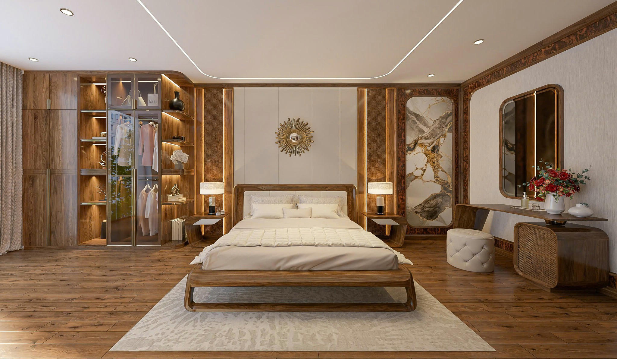 Thiết kế phòng ngủ nhỏ đẹp cho nữ với giường gỗ ghép nối và tủ quần áo 2 cánh gỗ