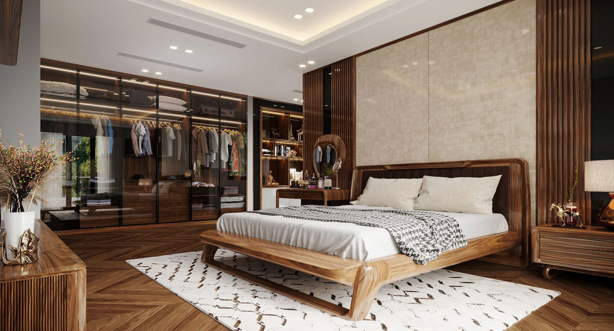 Thiết kế phòng ngủ thông minh với tủ quần áo kính âm tường và giường gỗ sồi