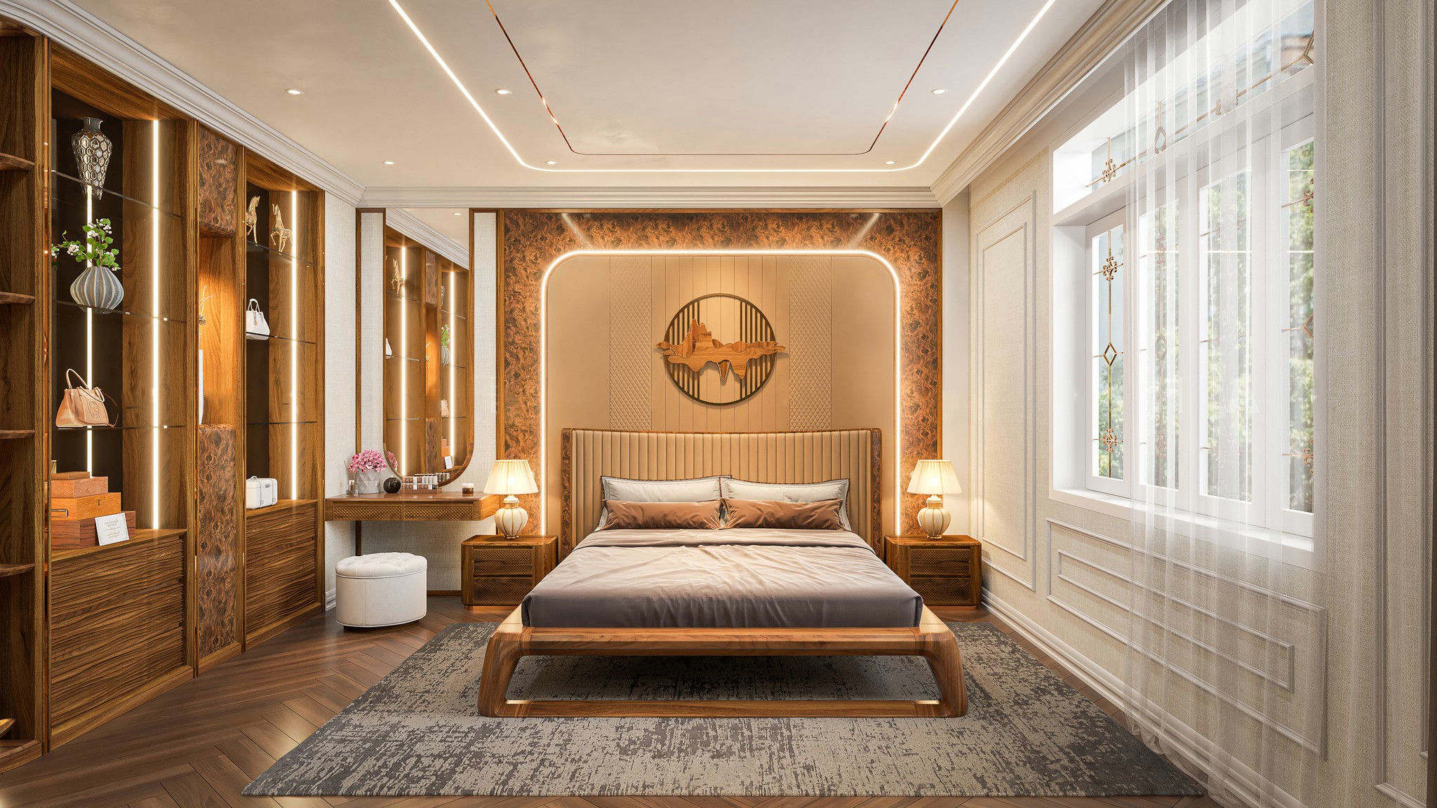 Thiết kế phòng ngủ tối giản với giường chân chữ U và vách tường ốp CNC mắt cáo