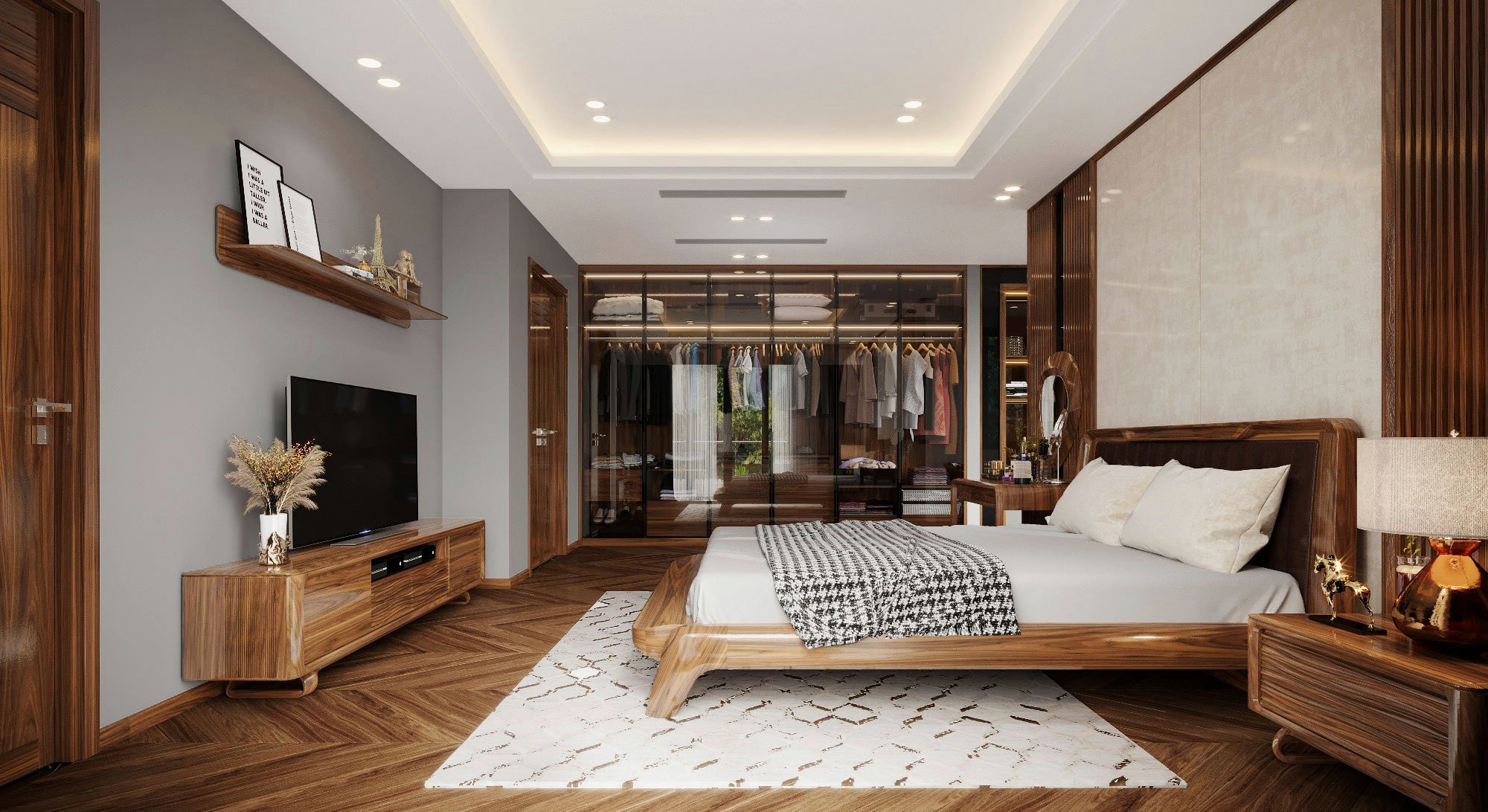 Thiết kế phòng ngủ hiện đại với giường óc chó, tủ kính và đèn LED trần