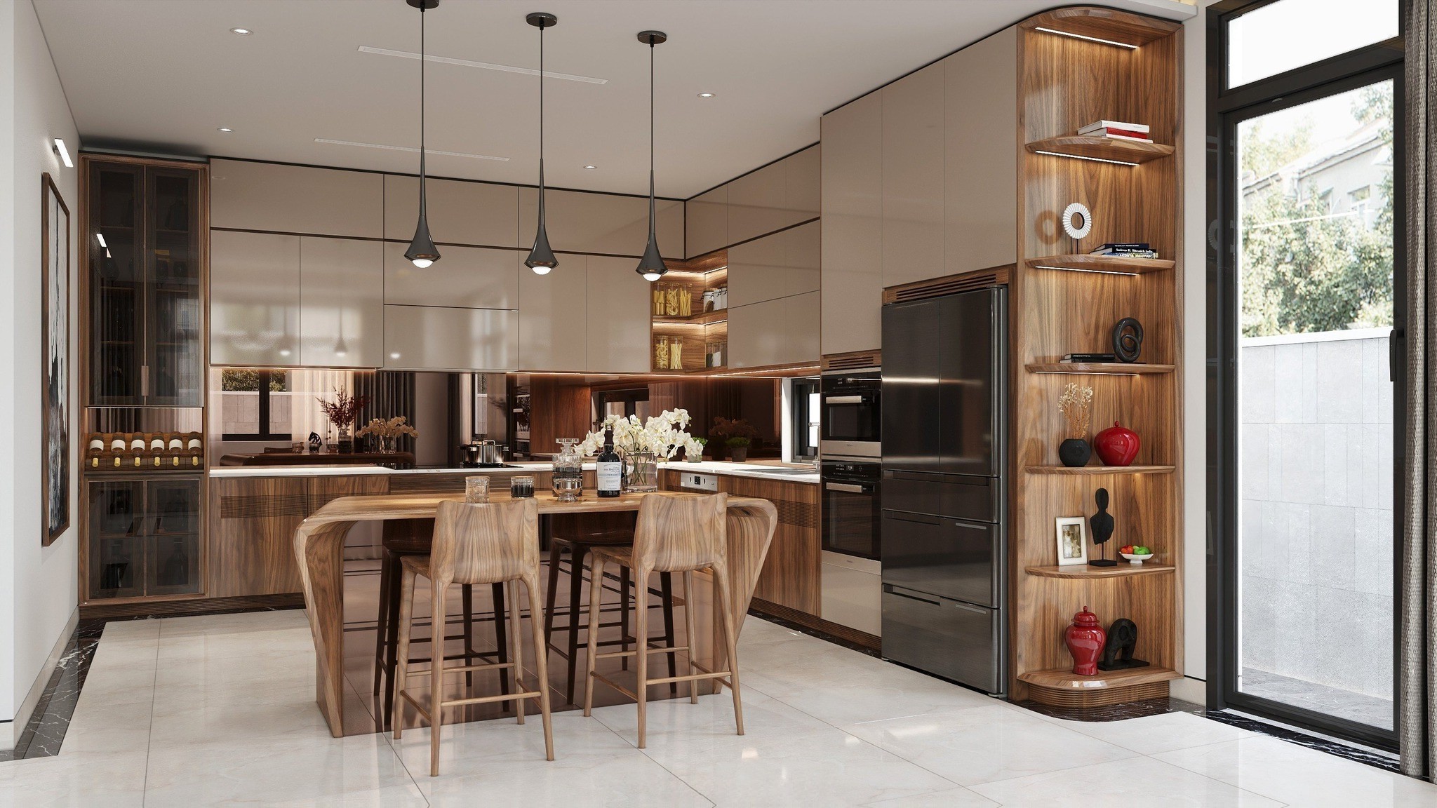 Thiết kế thi công nội thất gỗ óc chó phòng bếp hiện đại