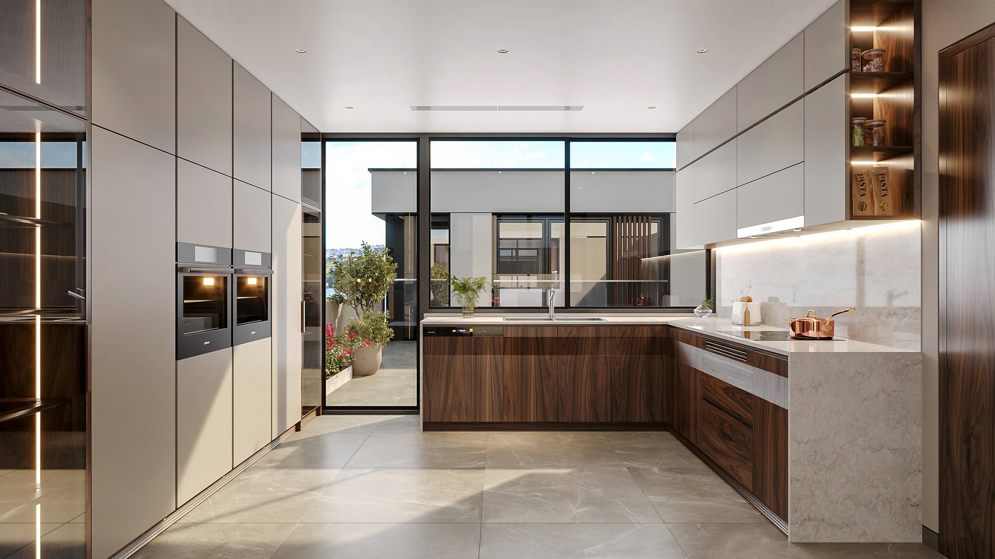 Thiết kế tủ bếp hiện đại chữ L với acrylic trắng và gỗ óc chó nâu đậm